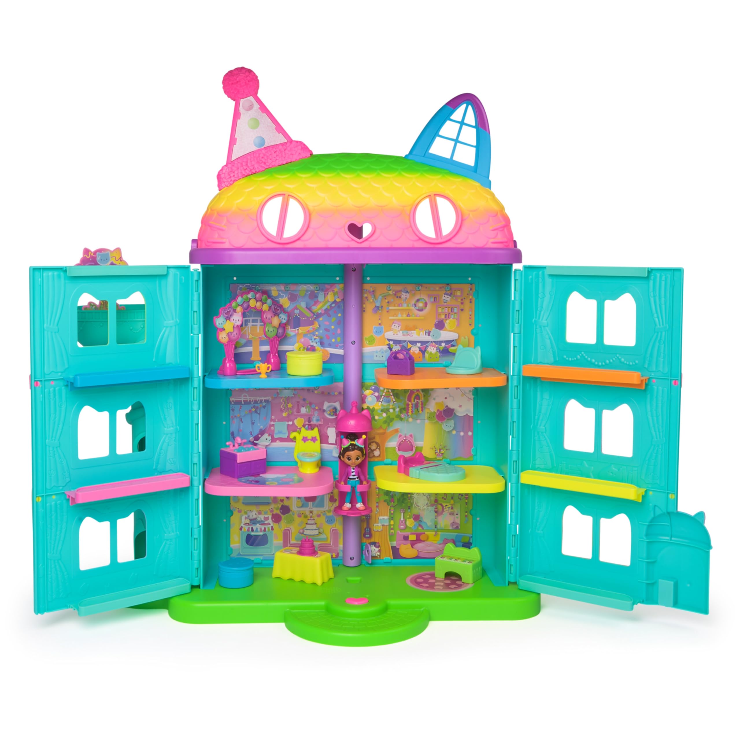 LA CASA DE MUÑECAS DE GABBY - CASA FESTIVA CON SONIDOS, FIGURA GABBY'S DOLLHOUSE, 10 ACCESORIOS ARCOIRIS Y 2 CAJAS SORPRESA - 6071380 - Juguetes Niñas 3 Años + Regalo Niña 3 años +