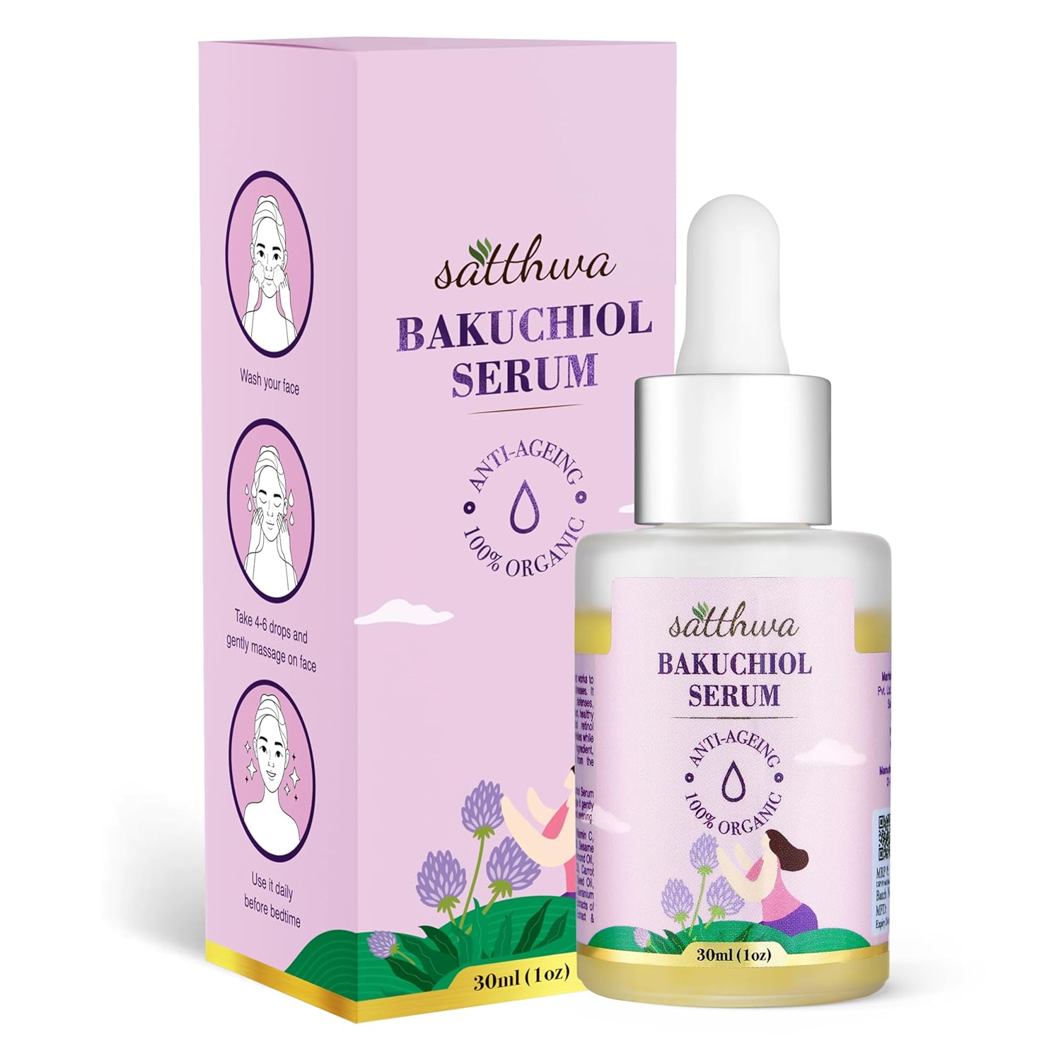 Satthwa Organic Bakuchiol Face Serum - Plumping, Anti-Aging and Reduces Wrinkles Fine Lines - Serum with Vitamin C, Ashwagandha Root Extract - Vegan & Cruelty Free- 1 FL OZ