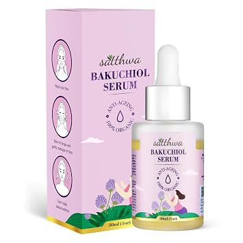 Satthwa Organic Bakuchiol Face Serum - Plumping, Anti-Aging and Reduces Wrinkles Fine Lines - Serum with Vitamin C, Ashwagandha Root Extract - Vegan & Cruelty Free- 1 FL OZ