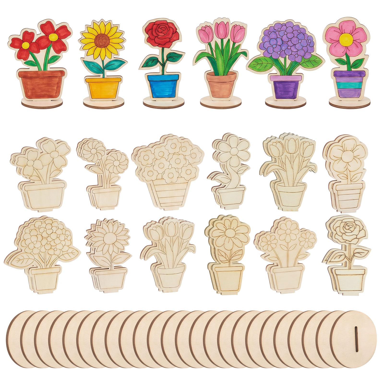 24 Set Flower Wooden Crafts Set, Craft Kits for Kids, 24 Pcs Blank Wooden Flower Decorations with 12 Styles and 24 Base Pieces, Easter Crafts Kids DIY Handmade Graffiti, Home Decoration Craft Project