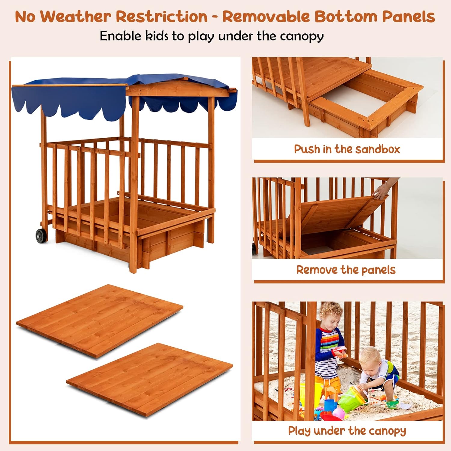 GLACER 3 in 1 Kids Sandbox, Wooden Cedar Bottomless Sand Pit w/Canopy, Large Play Area, Rear Wheels and Guardrails, Portable Sand Boxes in Backyard Garden Lawn Beach for Boys Girls