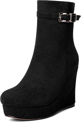 MERRORI Bukle - Botas altas de tacón alto para mujer, puntera redonda, plataforma de gamuza sólida, de 4 pulgadas