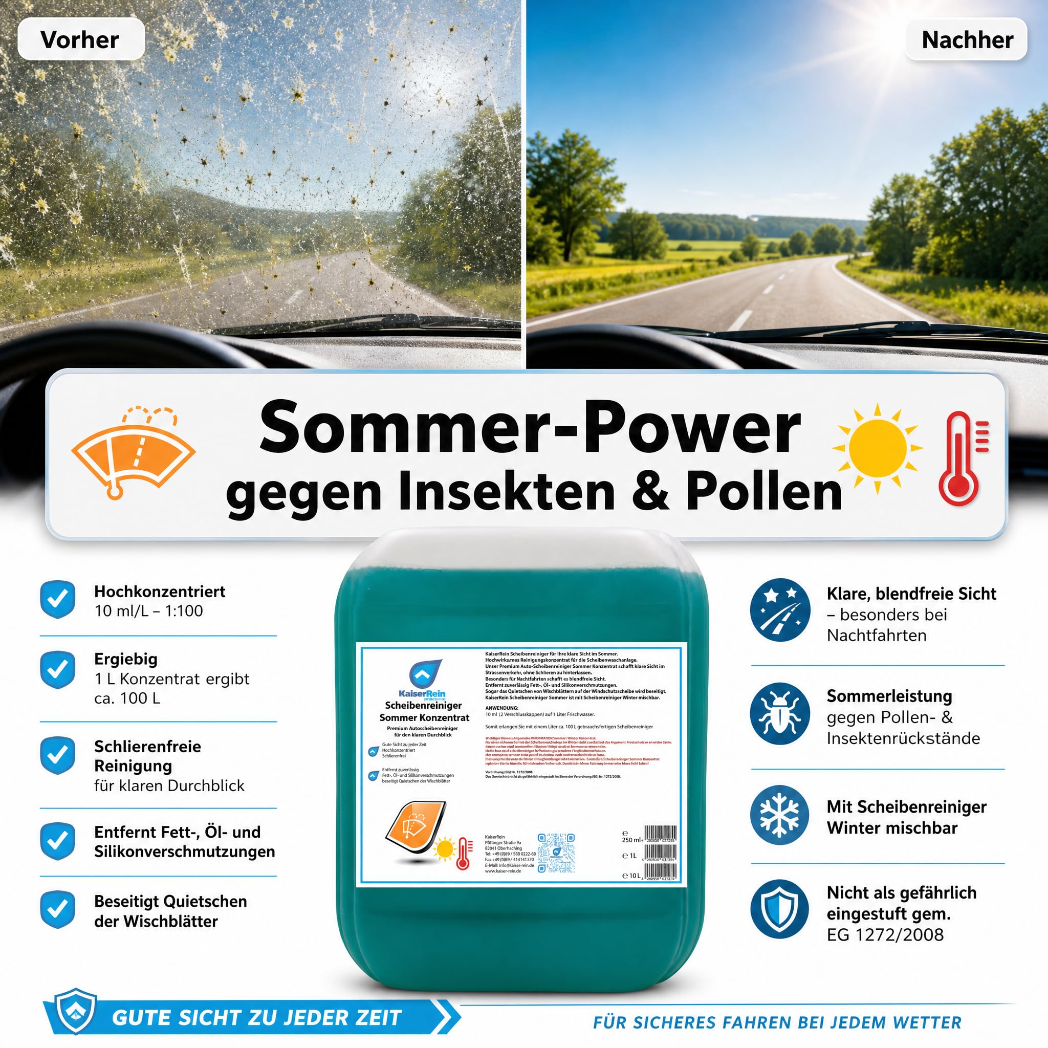 KaiserRein Scheibenreiniger Auto Sommer Konzentrat 10L Kanister Scheibenwischwasser Auto Wischwasser Sommer guter Geruch Autoscheibenreiniger
