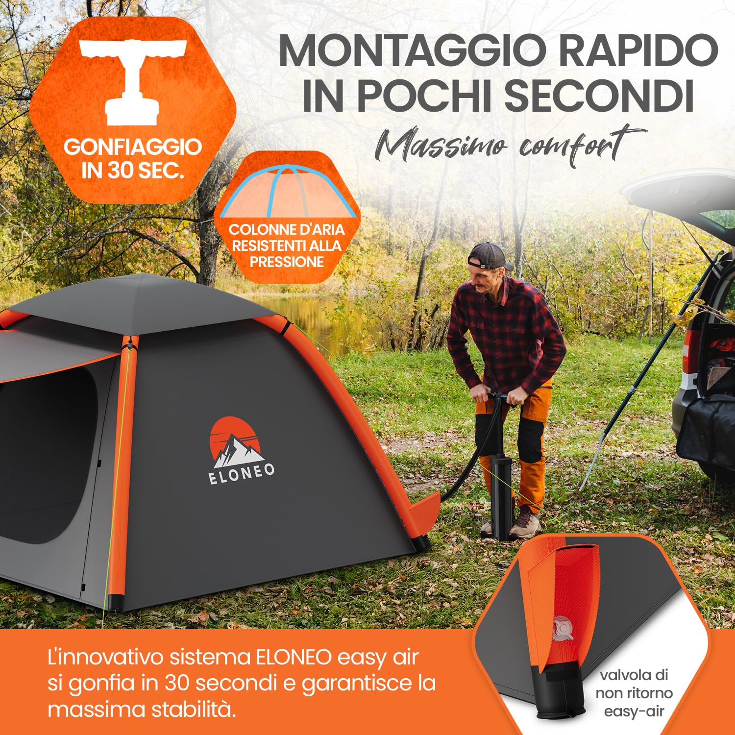 ELONEO tenda gonfiabile per 1-4 persone con tettoia e pompa ad aria, tenda da campeggio impermeabile, tenda ad aria ultraleggera, inflatable tent, tenda glamping con luce LED gratuita