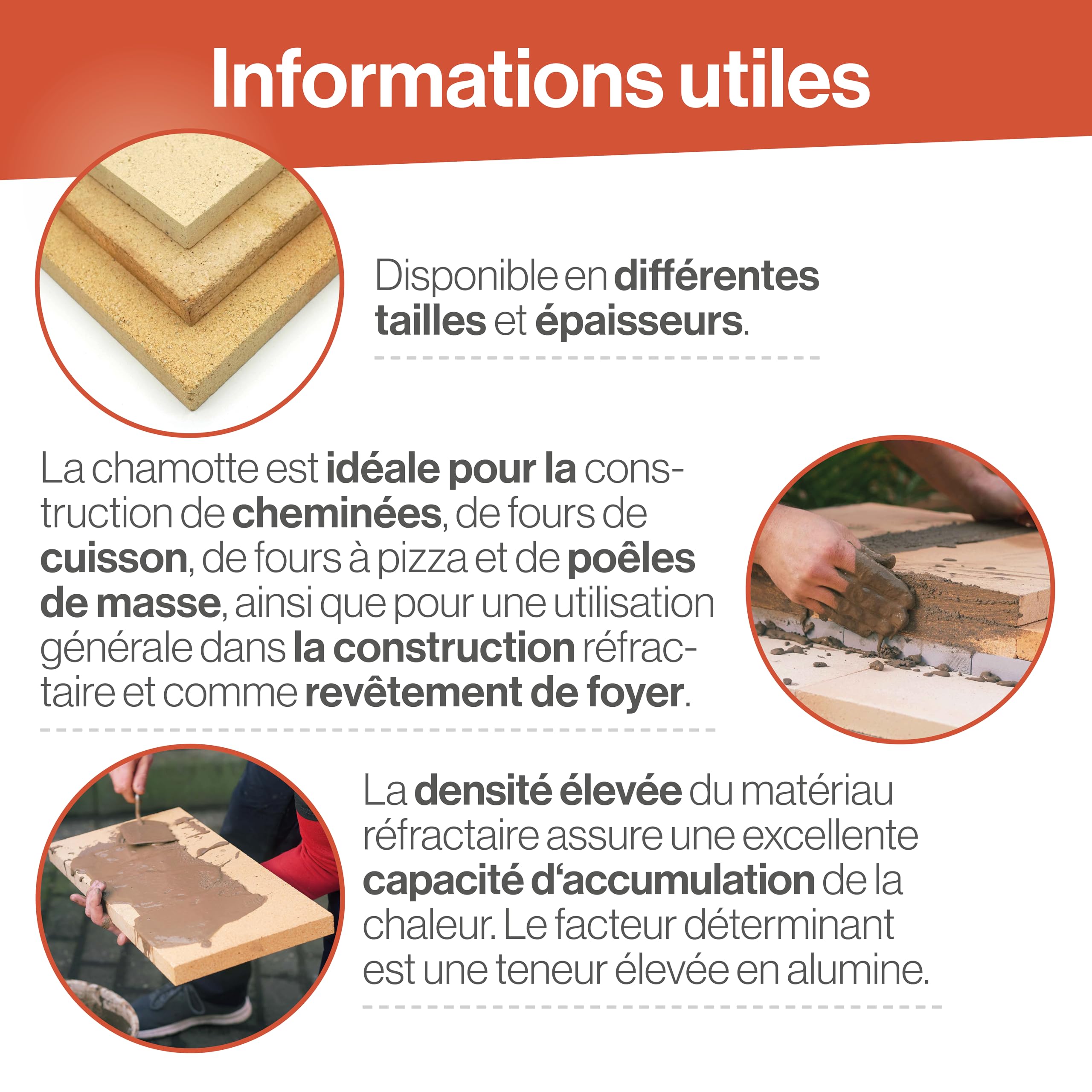 Plaque réfractaire, briques réfractaires comme revêtement de poêles et cheminées, résistant à la chaleur jusqu'à 1400 °C, chamotte pour une accumulation efficace de la chaleur [400x300x20 mm]