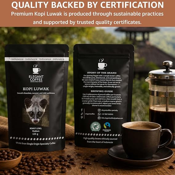 Elegant Coffee Wild Kopi Luwak Whole Bean Coffee 125g - Premium Indonesian Medium Roast Arabica Coffee Beans with Smooth Chocolate Notes and Low Bitterness - Rainforest Alliance Certified