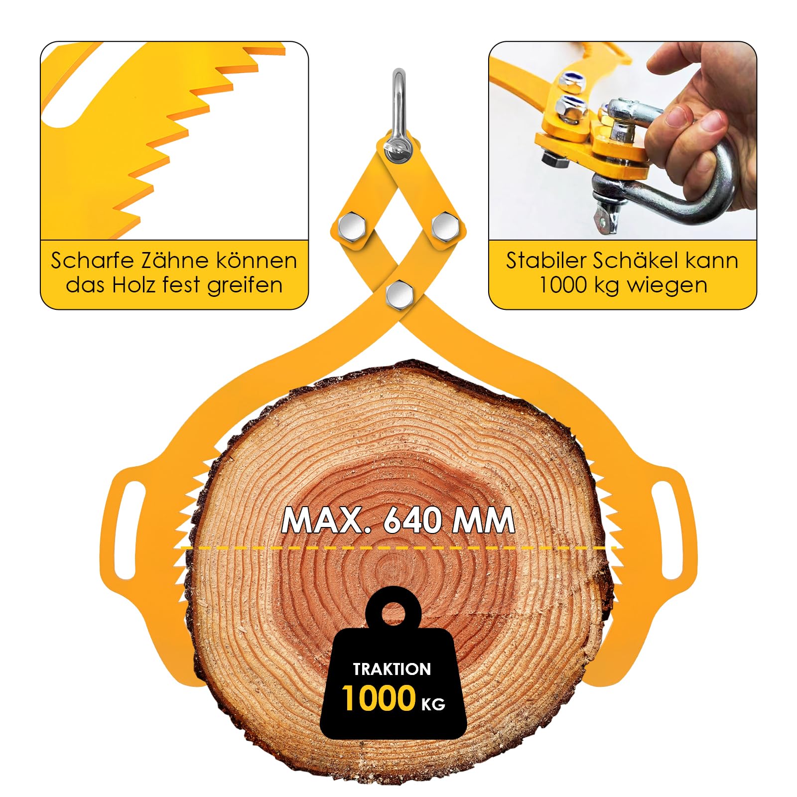 Forstzange für Baumstämme Hebezange, 1000 kg Zugkraft bis 640mm, Rückezange mit 2 Klemmdornen, Schleppzange, Verladezange, Holzzange für Verladearbeiten, zum Transportieren & Fassen von Holz
