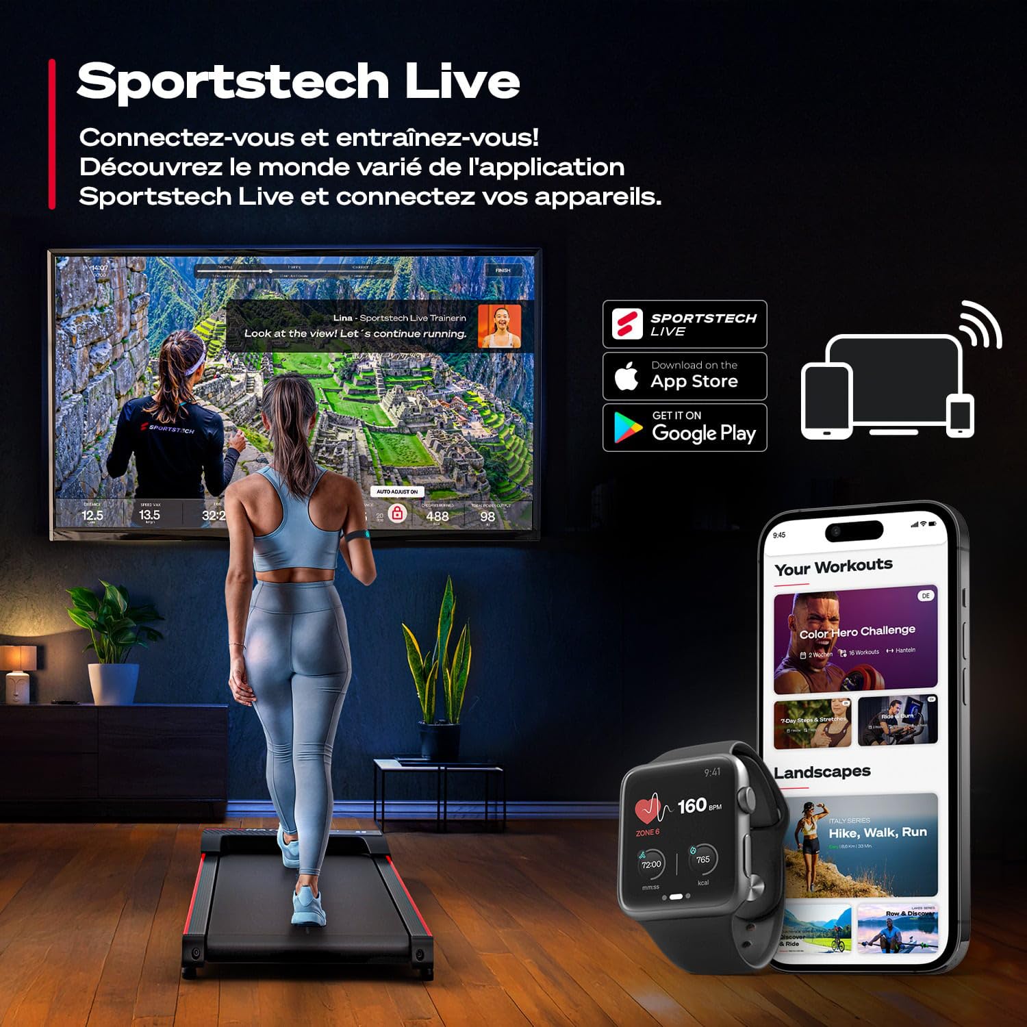 Sportstech Walking Pad Jusqu’à 6 km/h – Inclinaison Manuelle Jusqu’à 5 %, télécommande et Commande Via appli, écran LCD, podomètre, léger et Compact, roulettes de Transport, WalkMate Jusqu’à 120 kg