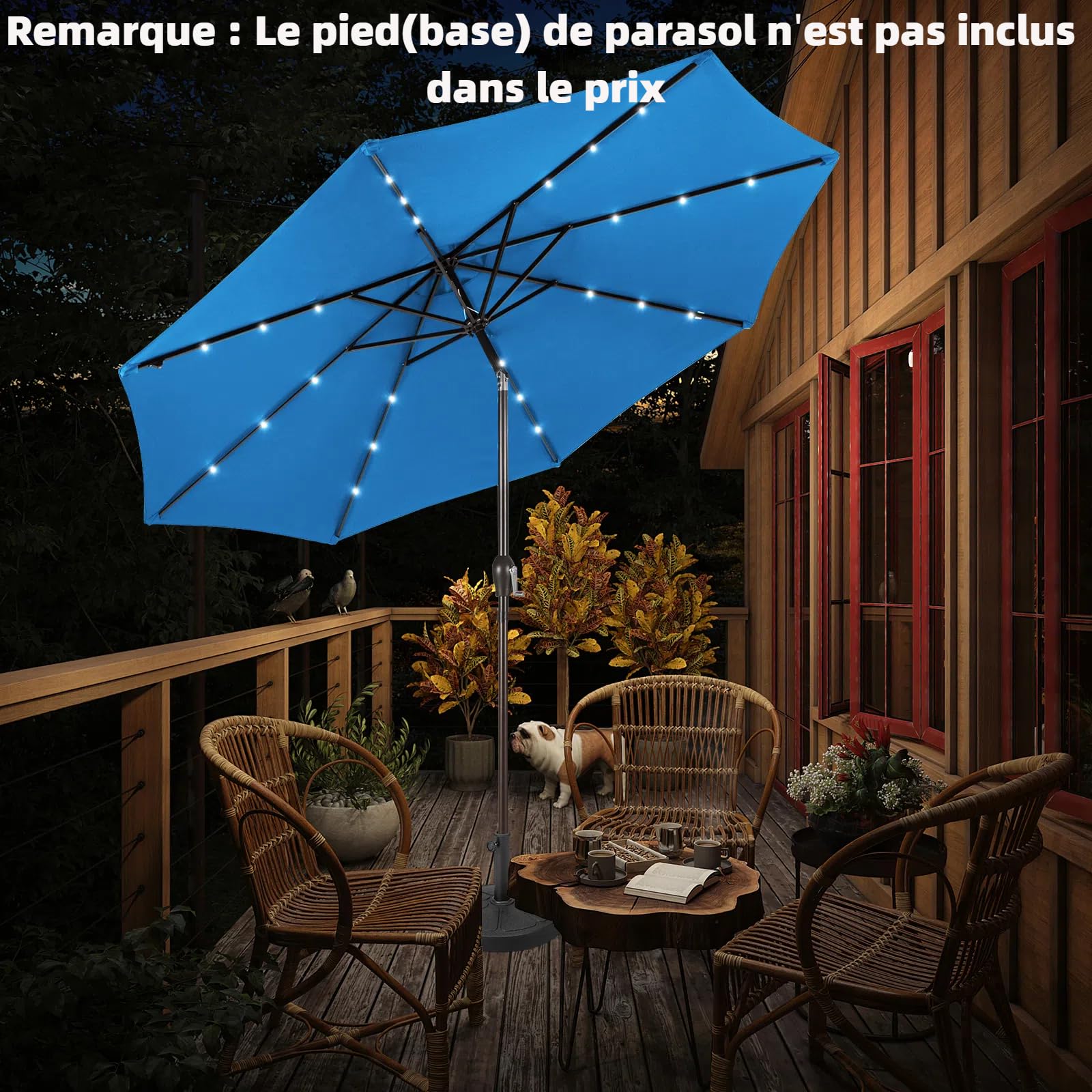 COSTWAY Parasol de Jardin Extérieur Ø 300 CM, Lumineux Solaire avec 24 LED, Inclinable avec 8 Baleines Métalliques Robustes, pour Balcon Jardin Terrasse (Bleu Clair)