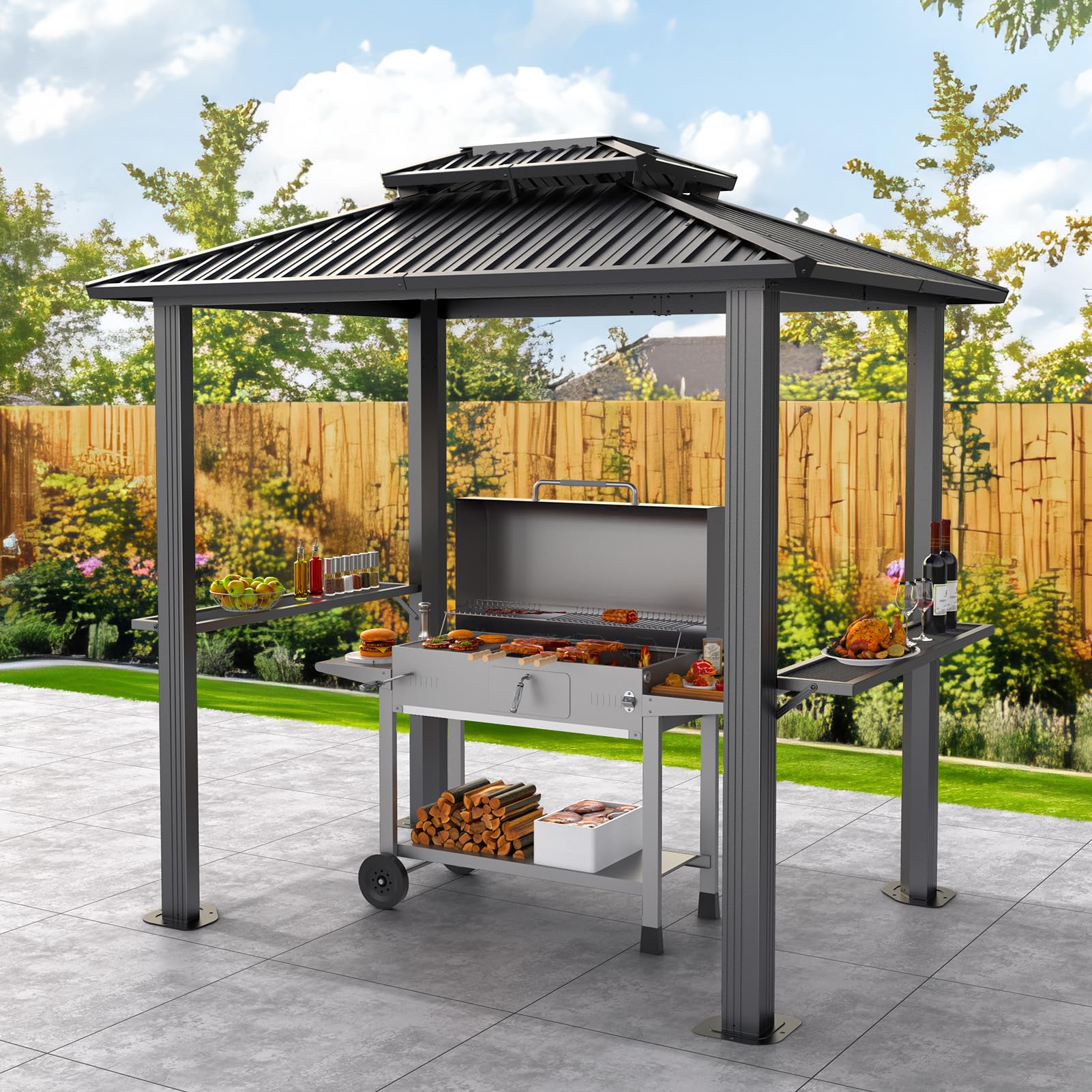 Photo 1 of Hoteel 6x8 Hardtop Grill Gazebo, Outdoor Patio BBQ Gazebo with Galvanized Steel Double Roof, Hardtop Barbecue Canopy with 2 Side Shelves for Deck Lawn Backyard Garden,Black