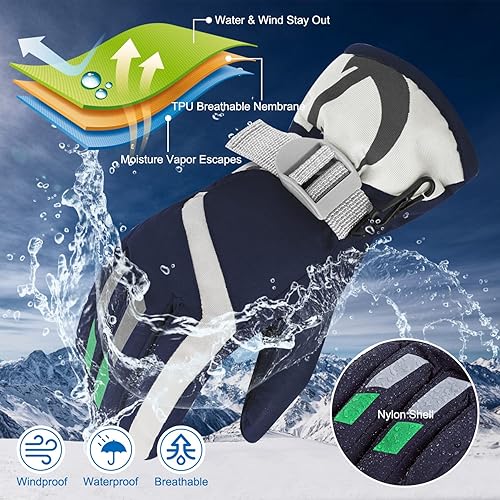 Miniatura 3 de Guantes de nieve para niños, impermeables, aislados, guantes de invierno para esquí, guantes de nieve para niños y niñas de 7 a 10 años