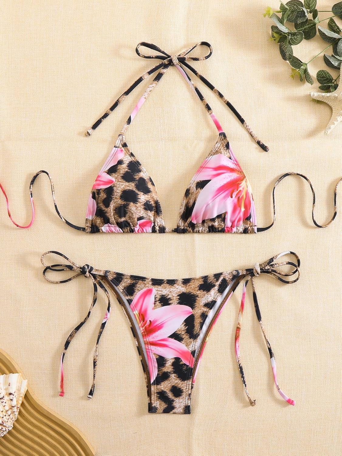 SEGT Women's 2 Piece Floral Print Halter Neck Tie Bikini Set Triangle String Thong Swimsuit Summer Bathing Suits for Women - Image 3