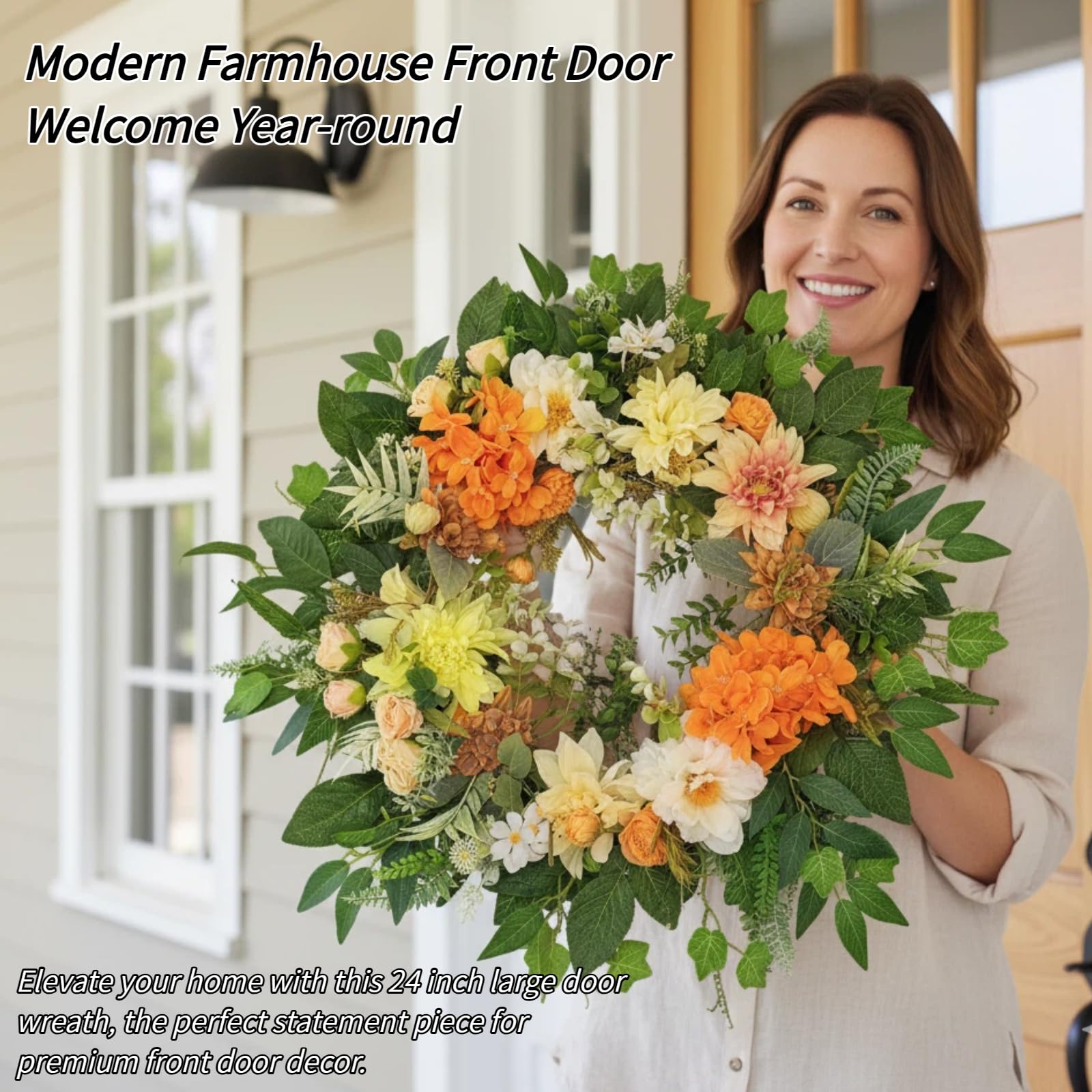 Corona di Fiori Artificiali 60cm Arancione per Porta Ingresso, Ghirlanda Primaverile Estiva con Ortensie Dalie Peonie, Decorazione Moderna da Parete Stile Rustico, Regalo di Inaugurazione