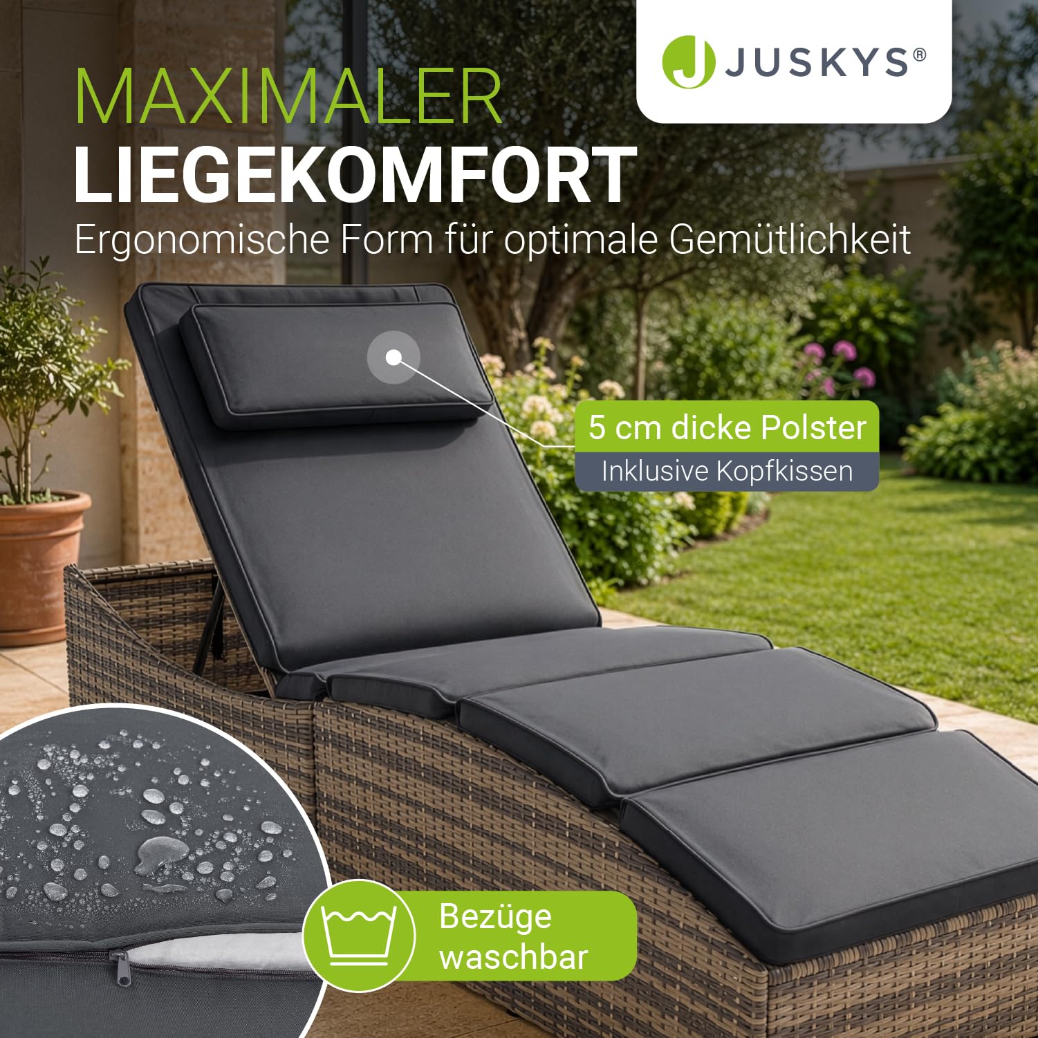 Juskys Sonnenliege Lamia klappbar - Polyrattan Gartenliege mit Auflage, Kopfteil verstellbar, 160 kg belastbar - Garten Balkon Outdoor Liege Grau