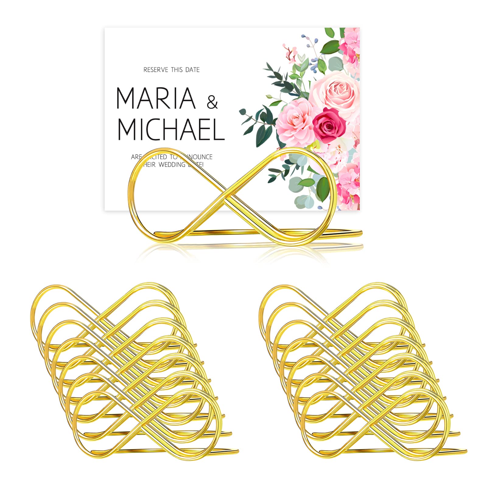 YEESON 15PCS Place Card Holders Table Number Card Holders ,Place Card Holders for Tables,Gold Metal Figure 8 Shape Stand for Centerpieces, Weddings, Party, Birthday ,Unique Design