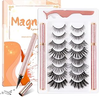 Magnetic Eyelashes and Eyeliner Kit, False Eyelashes Natural Look with Felt Tip Magnetic Eyeliner and Tweezers, Reusable & Sweatproof & Lightweight Eye Lashes Easy to Apply, No Glue Needed (8 Pairs)