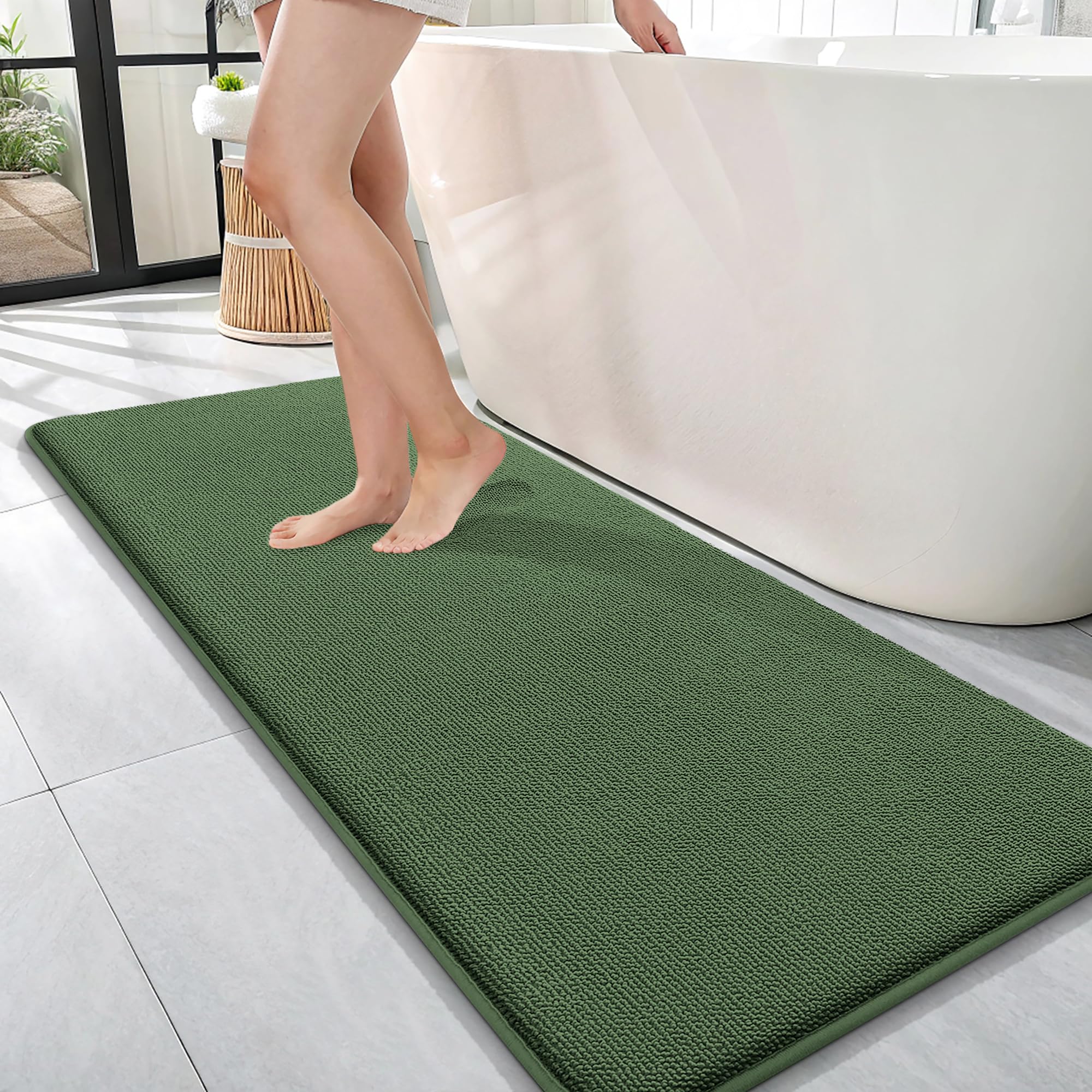 OLANLY Memory Foam Bathroom Runner Rugs 47x17, Long Bath Mats, Olive Green