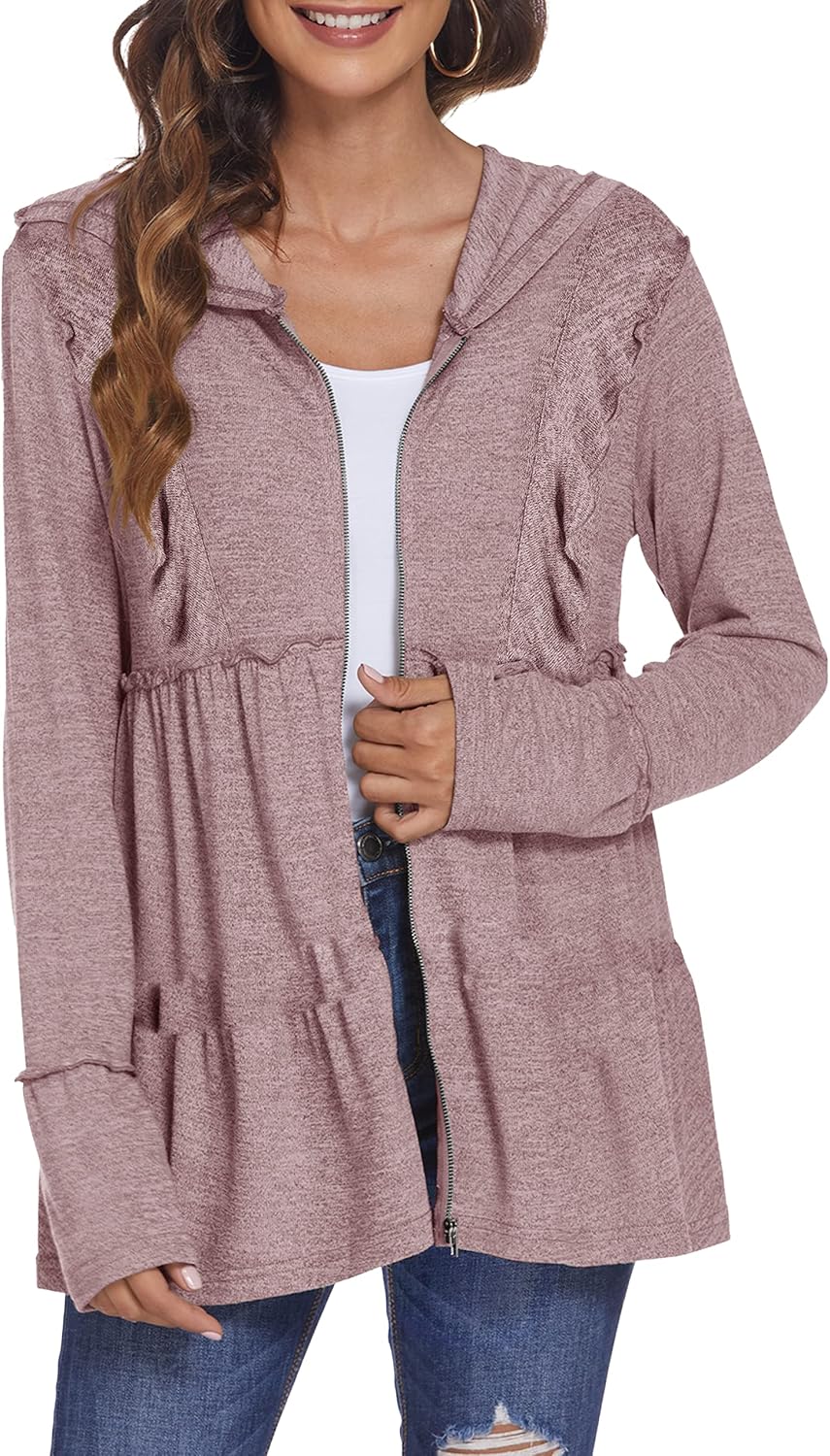 DEESHA Full Zip Up Hoodie for Women Pleated Tiered Ruffle Hooded Sweatshirts Jacket Coat Long Sleeve
