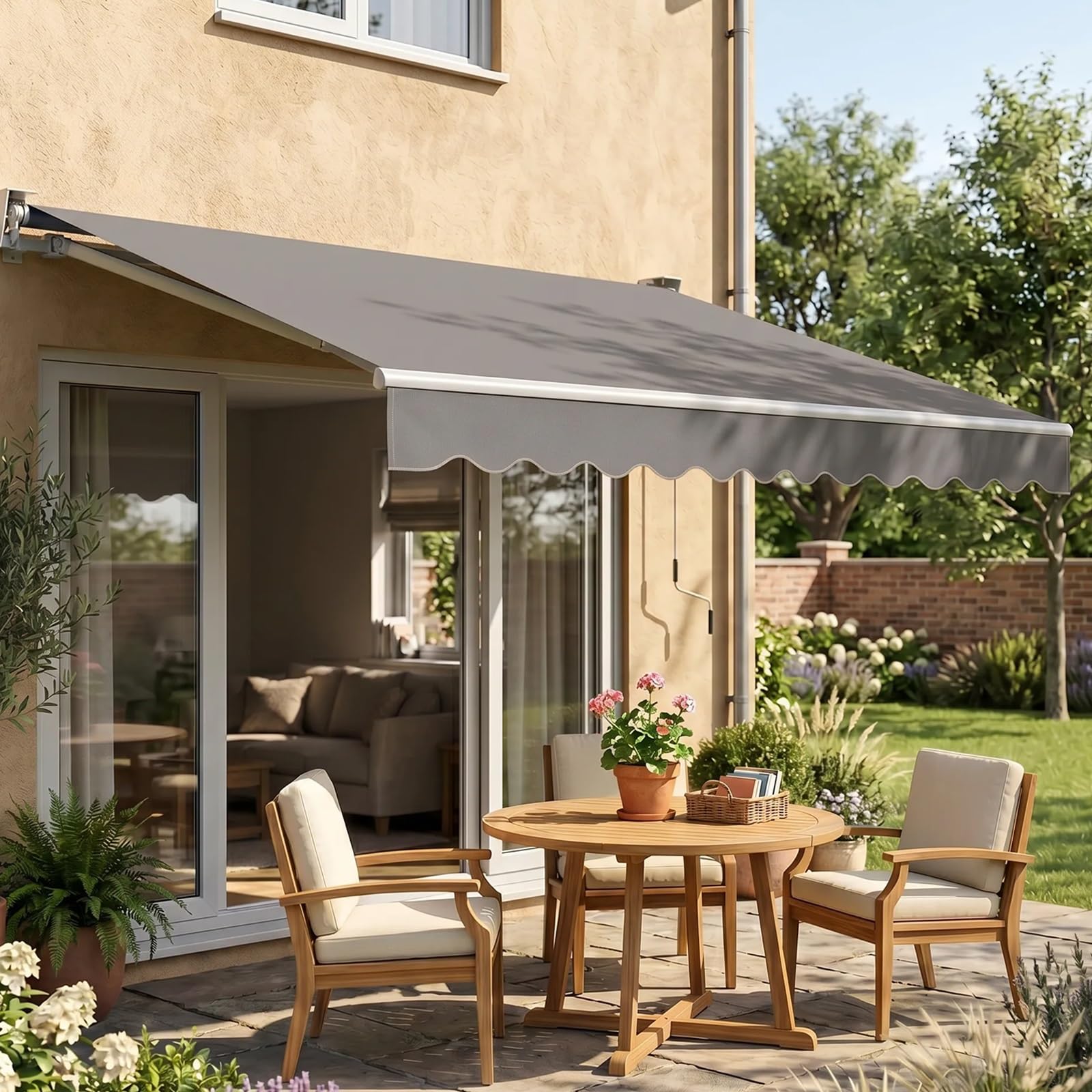 Toile de Remplacement Store Banne Rétractable, Tissu Polyester 280 g/m² Imperméable et Anti-UV, avec Lambrequin Vagues Douces, Compatible Auvent Extérieur Terrasse, Cadre Non Inclus