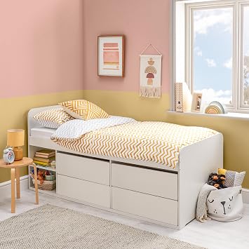 Home Treats White Wooden Raised Cabin Bed Frame With Hybrid Mattress 4 Storage Drawers 2 Shelves for Children Kids Teenagers Hybrid Mattress
