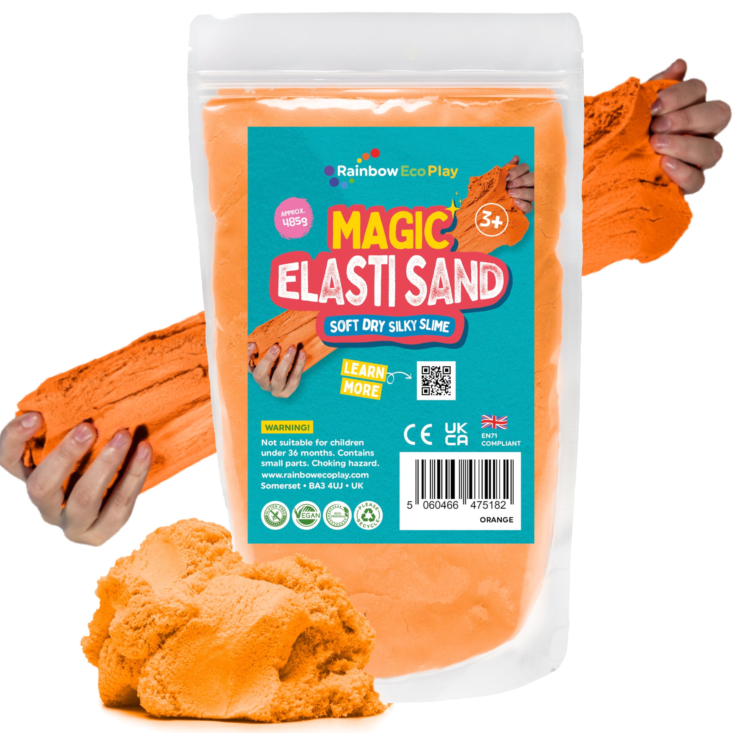 Rainbow Eco Play Orange - Magic Play Sand For Kids – Elasti - 485G - Childrens Eco-Friendly Non-Toxic Natural Coloured Sand - Sensory Magnetic Moon Kenetic Elastic –