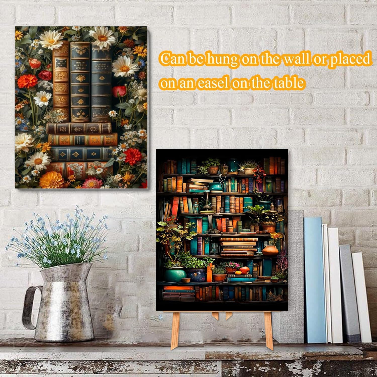 VIGEGU 4 Pack Book Paint by Numbers Kit for Adults with Frame,Bookshelf Flower Plants Paint by Number for Beginner with Wooden Easel DIY Adult Paint by Number Kits for Home Decor 12x16inch