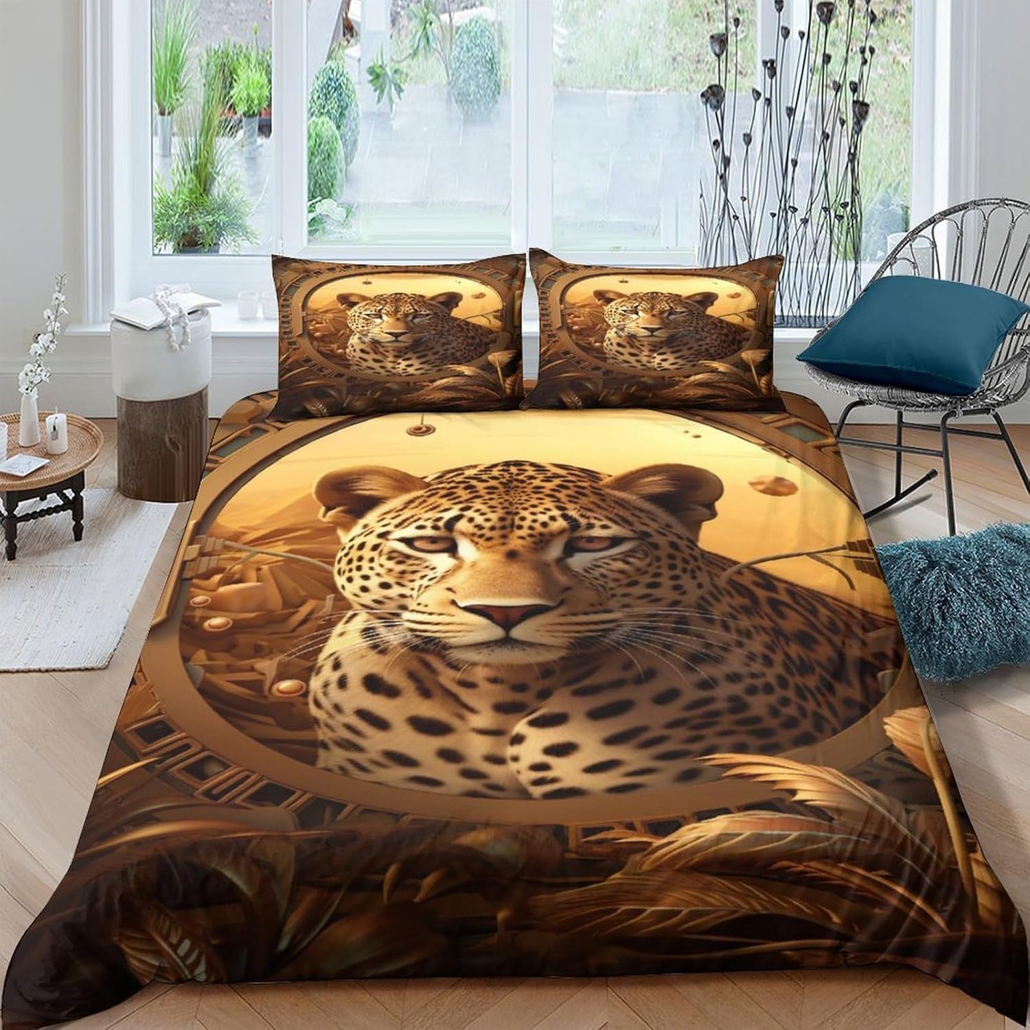Housse de couette léopard 260x230 cm avec 2 taies d'oreiller en microfibre pour lit 2 personnes