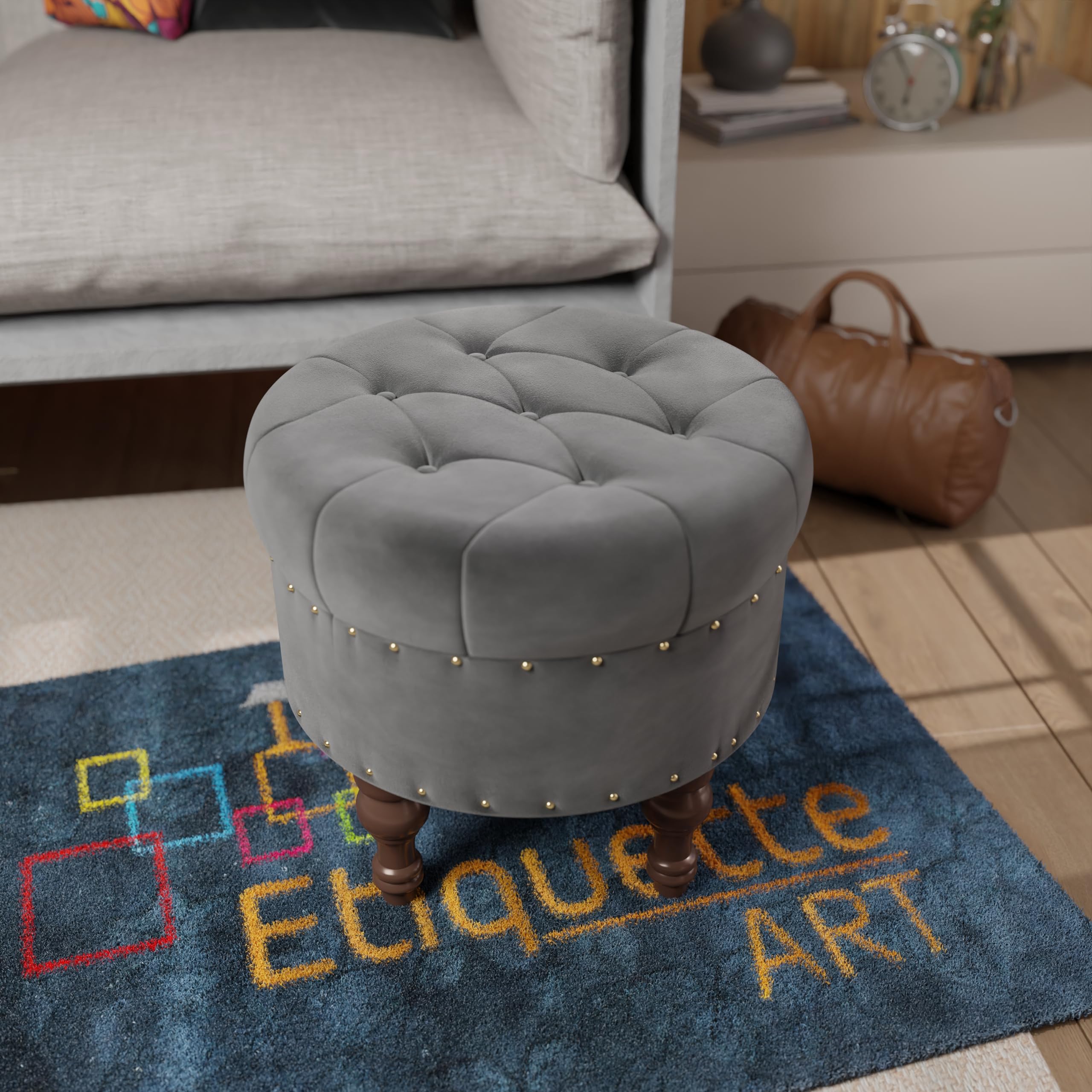 ETIQUETTE ART Office & Living Room Stool Home Decor | Upholstered Round Velvet Tufted Foot Rest Ottoman | Ottoman with Storage for Living Room & Bedroom | Decorative Home Furniture (Grey)-image-34