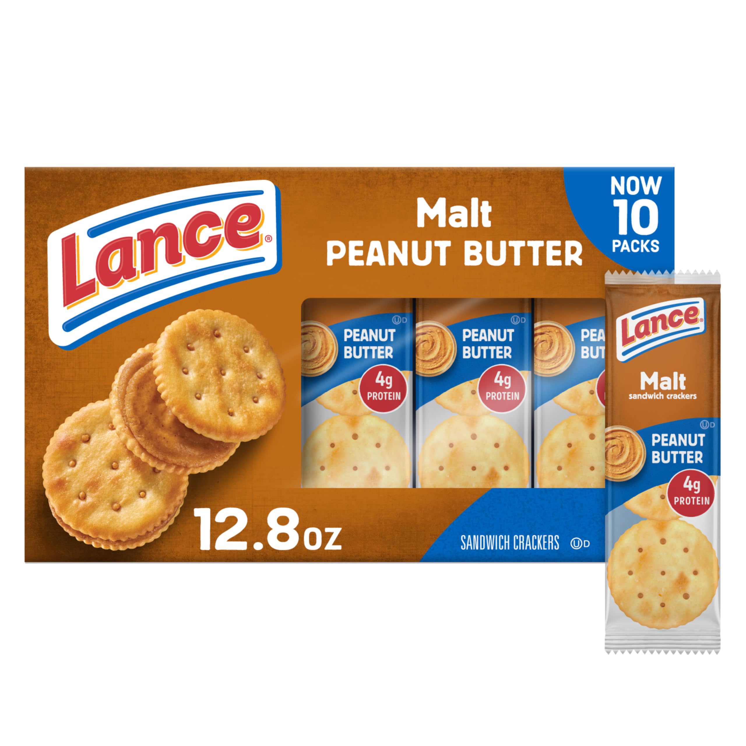 Lance Sandwich Crackers, Malt with Peanut Butter, 10 Individually Wrapped Packs, 6 Sandwiches Each