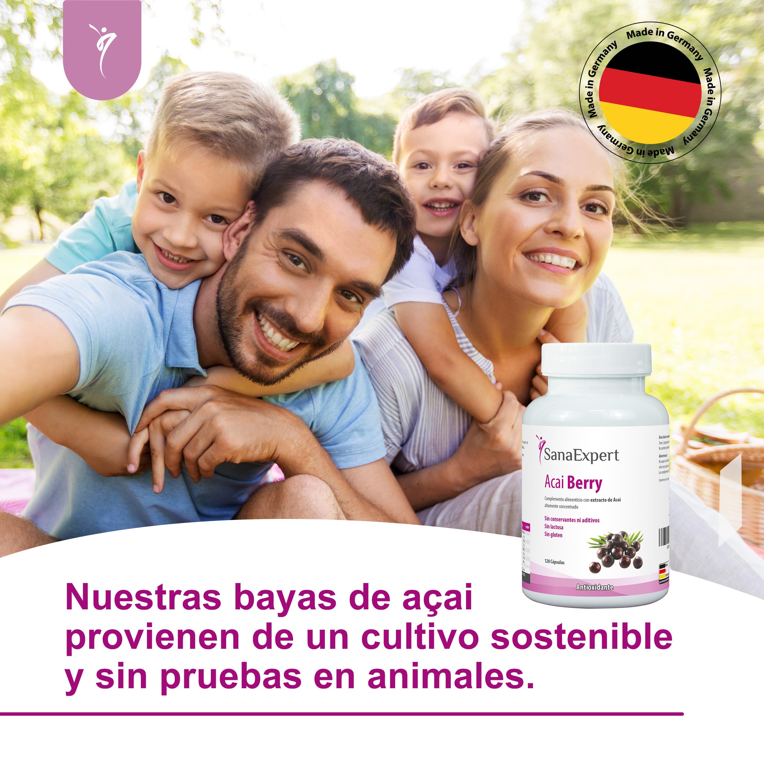 SanaExpert Acai Berry - Suplemento Alimenticio Natural con Extracto Puro de Açaí - Rico en Antioxidantes - Apto para Veganos, Sin Gluten, Sin Lactosa - 120 Cápsulas - Fabricado en Alemania