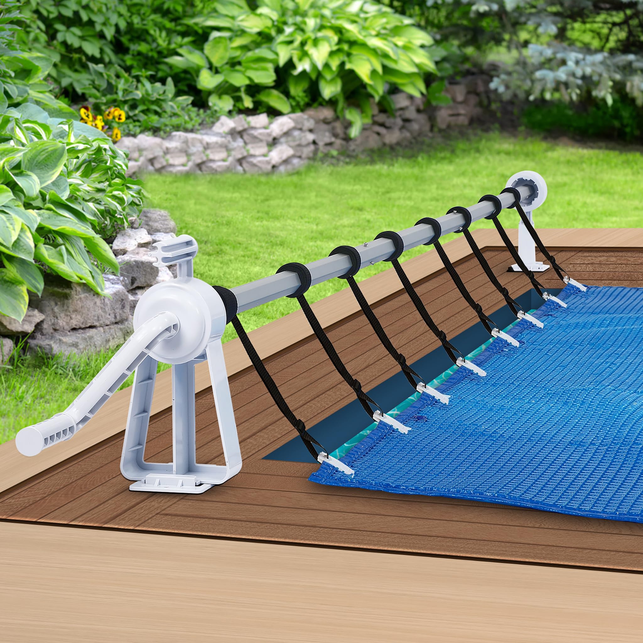 Avvolgitore per piscina Premium 1,05 m-6,15 m, sistema di avvolgimento mobile regolabile per telone solare e copertura, dispositivo di avvolgimento in alluminio con 8 nastri di fissaggio