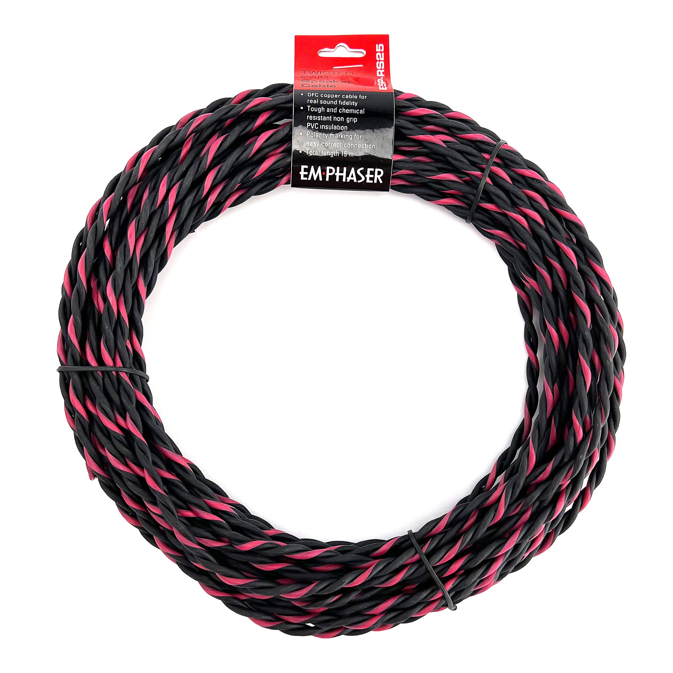 EMPHASER ESP-RS25 – OFC Lautsprecherkabel, 2 × 2,5 mm² | Premium-Boxenkabel für Car Audio, Leiter aus sauerstofffreiem OFC-Kupfer, schwarz/rot, 15 m