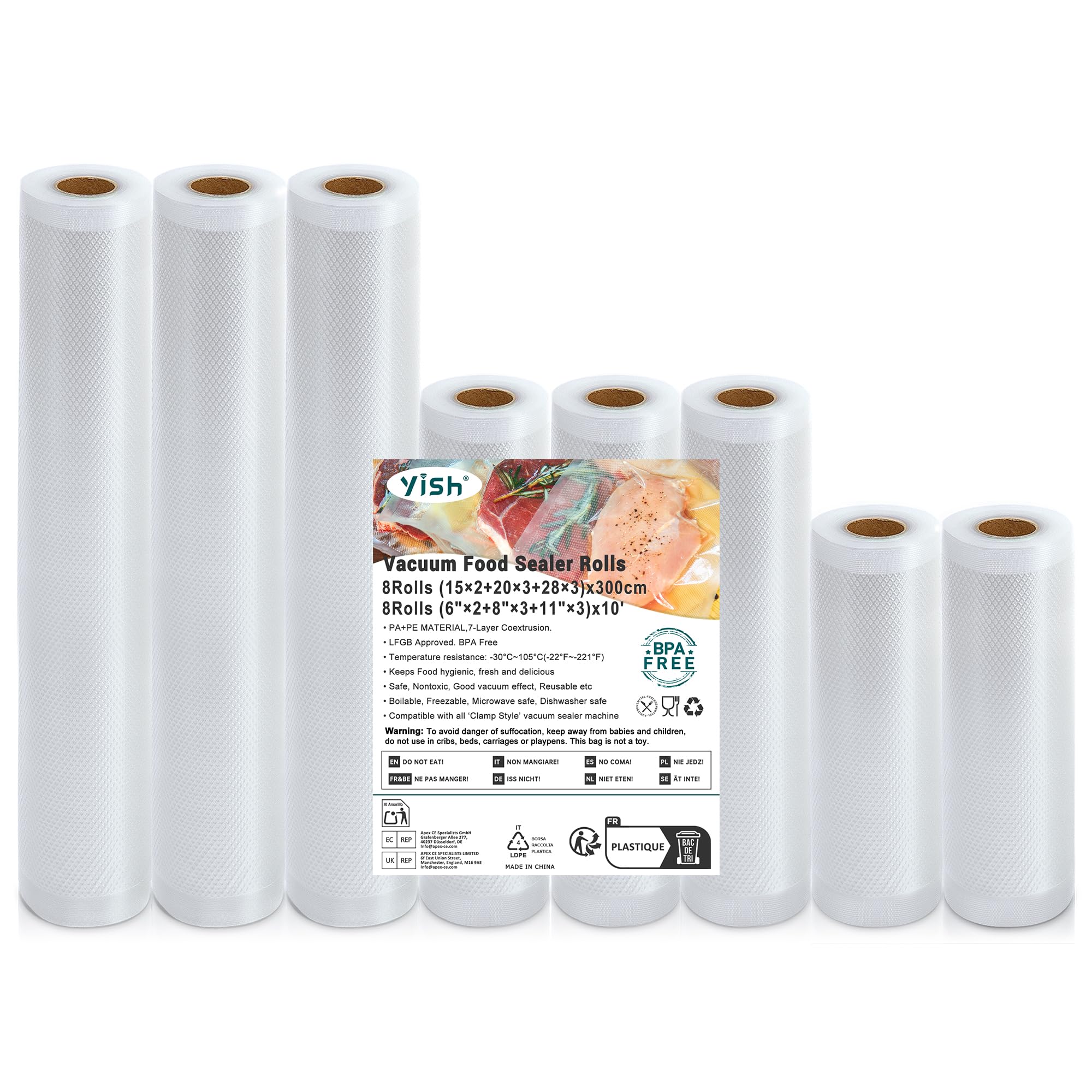 YISH Vakuumierfolie 8 Rollen Vakuumierbeutel：28/20/15/x300cm Vakuumbeutel-Lebensmittel für Sous Vide und Vakuumiergerät,Vakumierfolienrollen 170µm