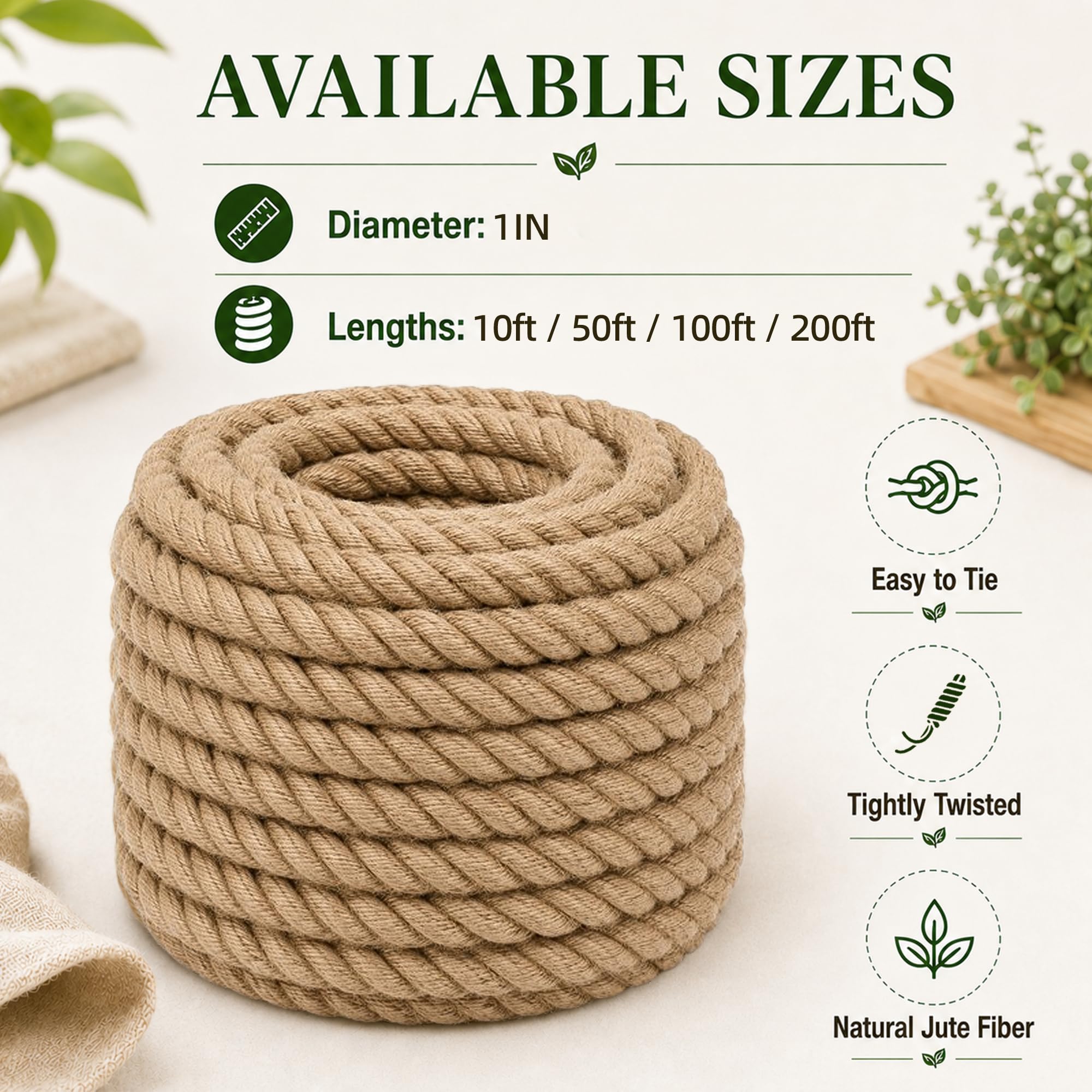 Cuerda de yute trenzada de manila (1 pulgada x 200 pies) cuerda de cáñamo gruesa natural para manualidades, náutica, barandillas, hamaca, decoración