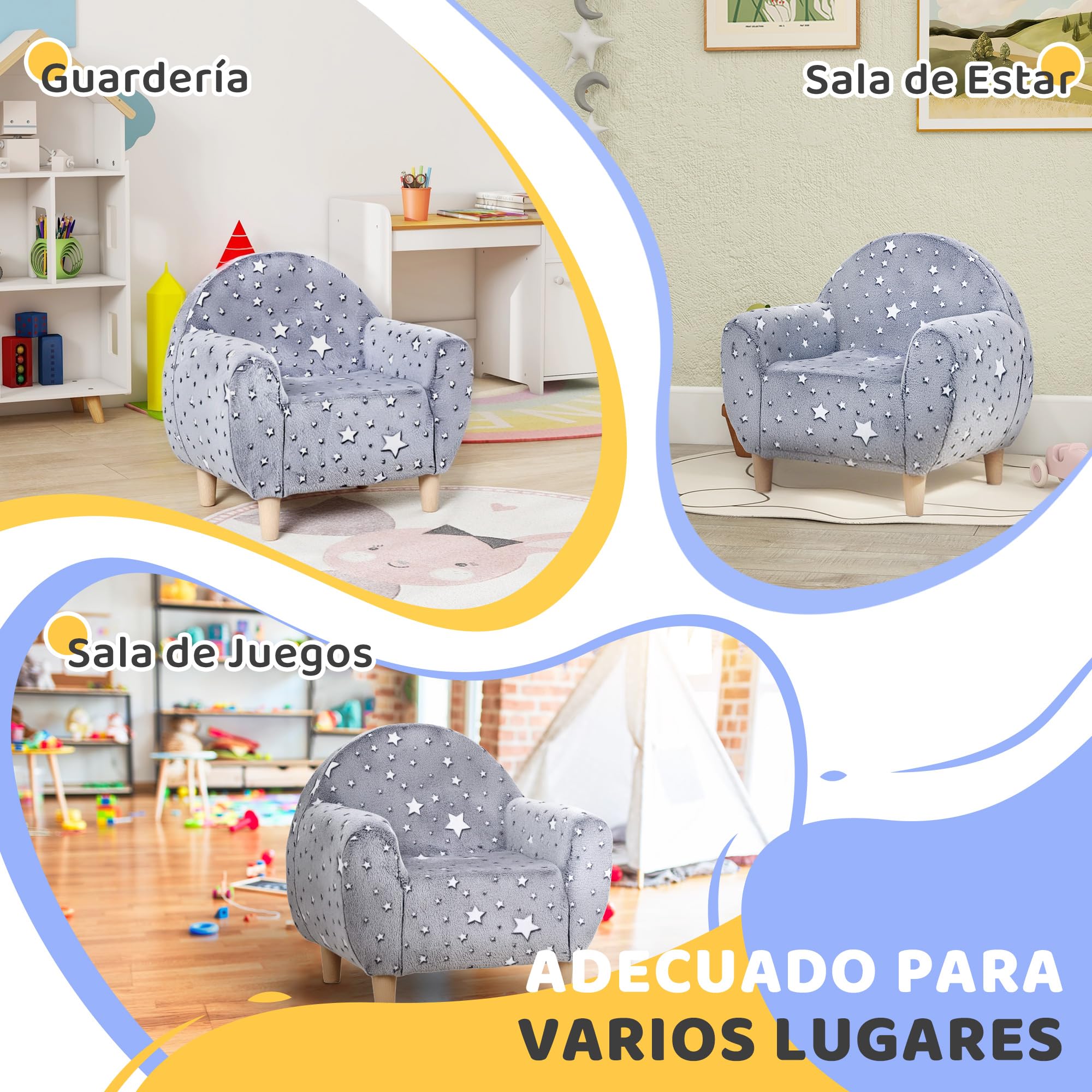 AIYAPLAY Sillón Infantil con Diseño de Estrellas Que Brillan en la Oscuridad Sofá para Niños de 18-36 Meses Tejido Suave de Terciopelo Reposabrazos Carga 45 kg Gris