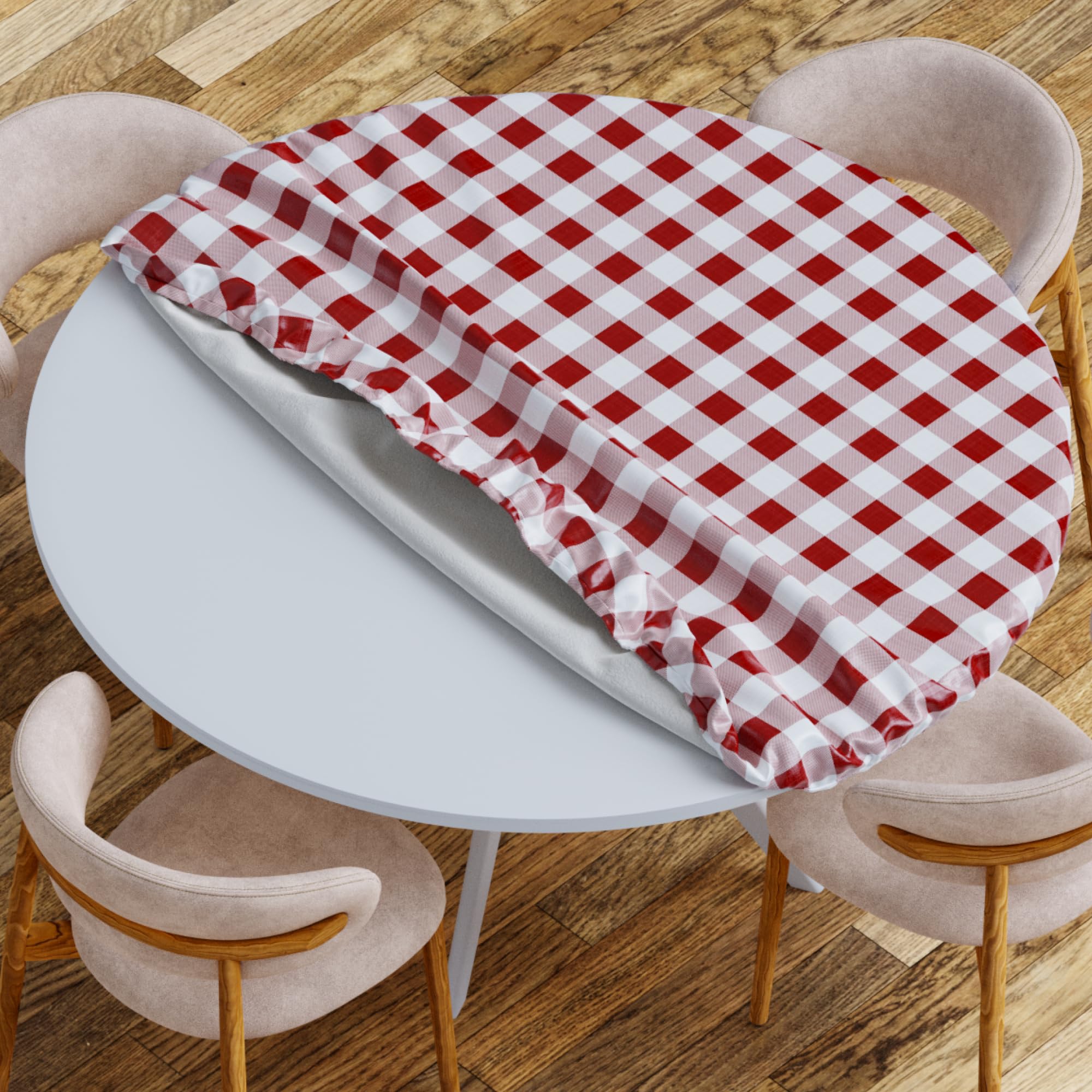 sorfey round tablecloth -fitted with elastic, vinyl with flannel back, fits for table 60 inches round,water proof, easy to clean, checked burgundy design