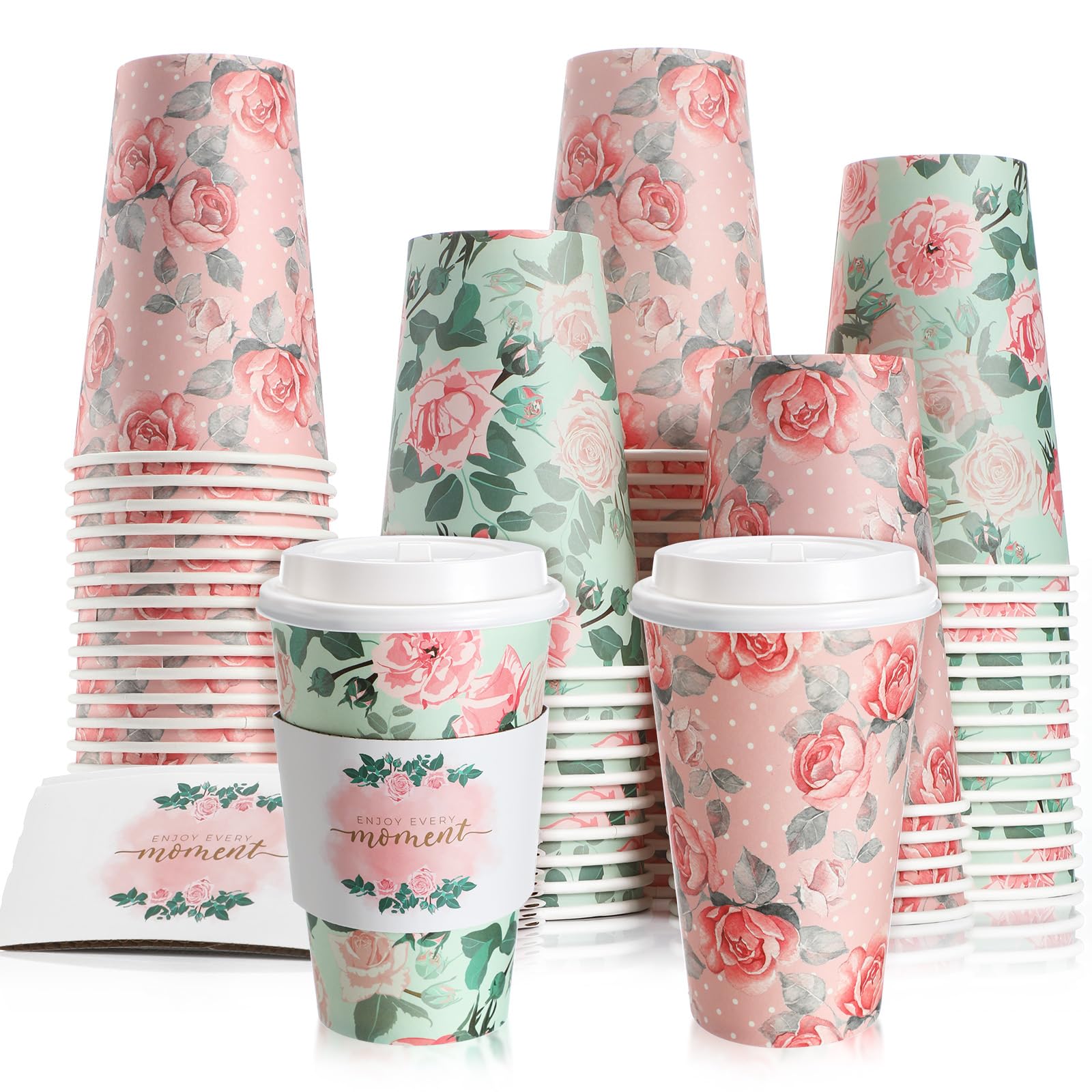 Jingmore 50 Sets 16oz Floral Disposable Coffee Cups with Lids and Sleeves Vintage Spring Floral Paper Cups, Thick and Leak-proof Hot Drinking Cup for