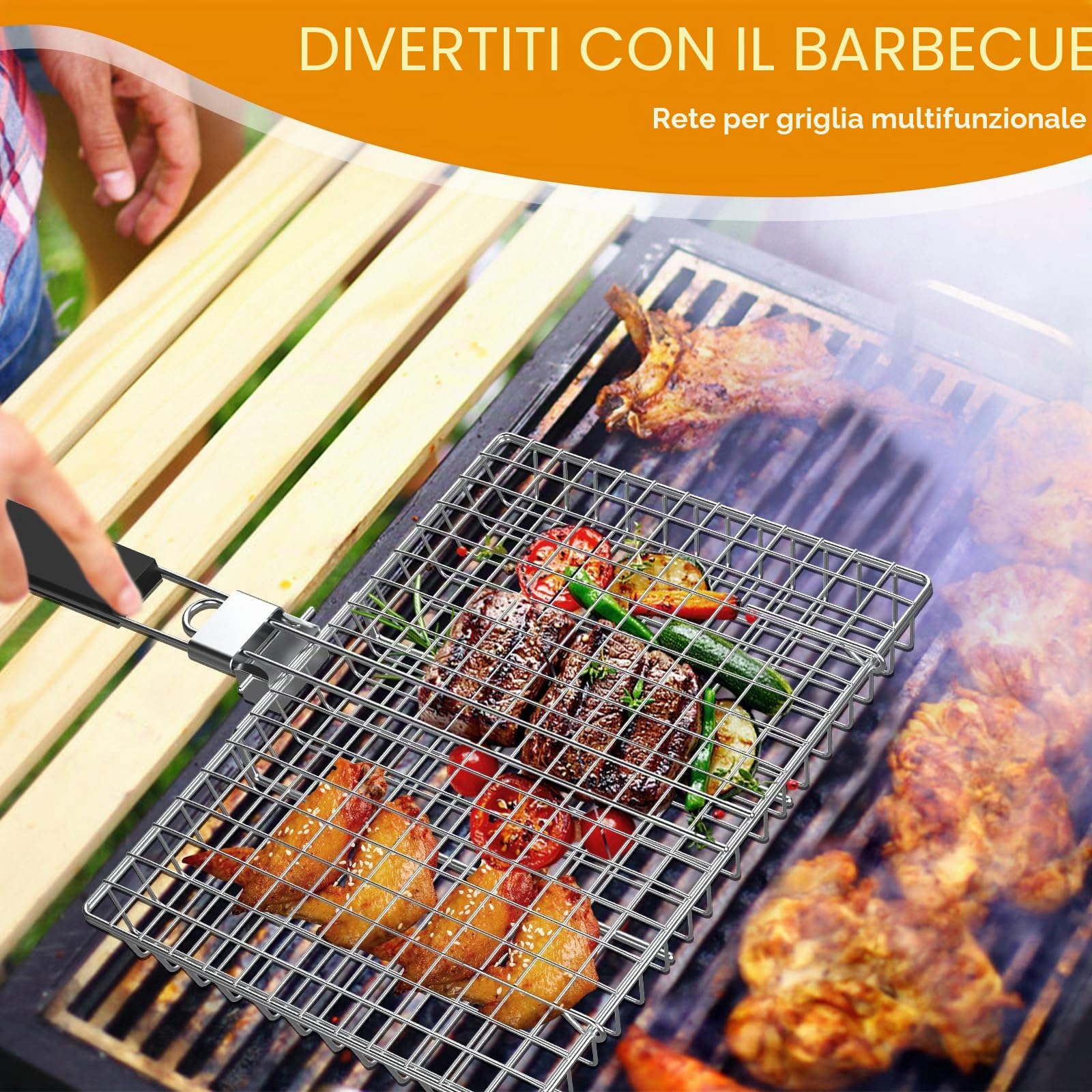 Cestello per Griglia, Grande Griglia Pesce Barbecue, Cestino per Barbecue con Manico Rimovibile, con Pennello da Forno e Borsa, Griglie per Barbecue per Pesce, Bistecche, Gamberetti e Verdure