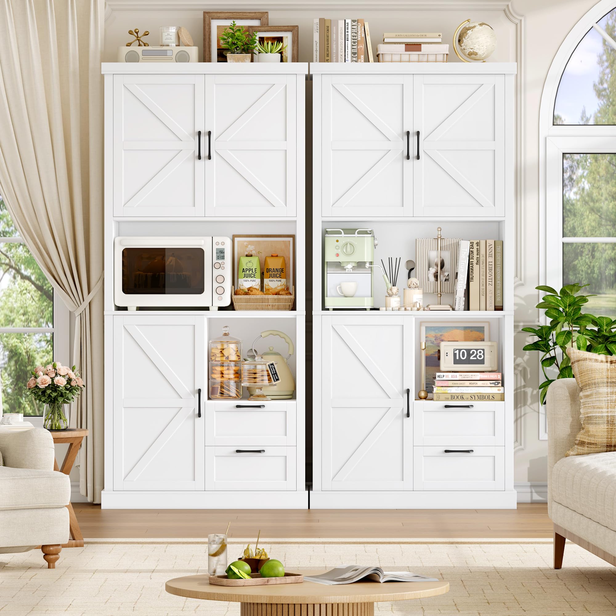 HOCSOK Küchenschrank, 193 cm Küchenbuffet Buffetschrank Weiß, 7 Staufächer | Vorratsschrank Küche mit 3 Türen und 2 Schubladen für Küche, Schlafzimmer, Wohnzimmer und Esszimmer, 193×80×40 cm