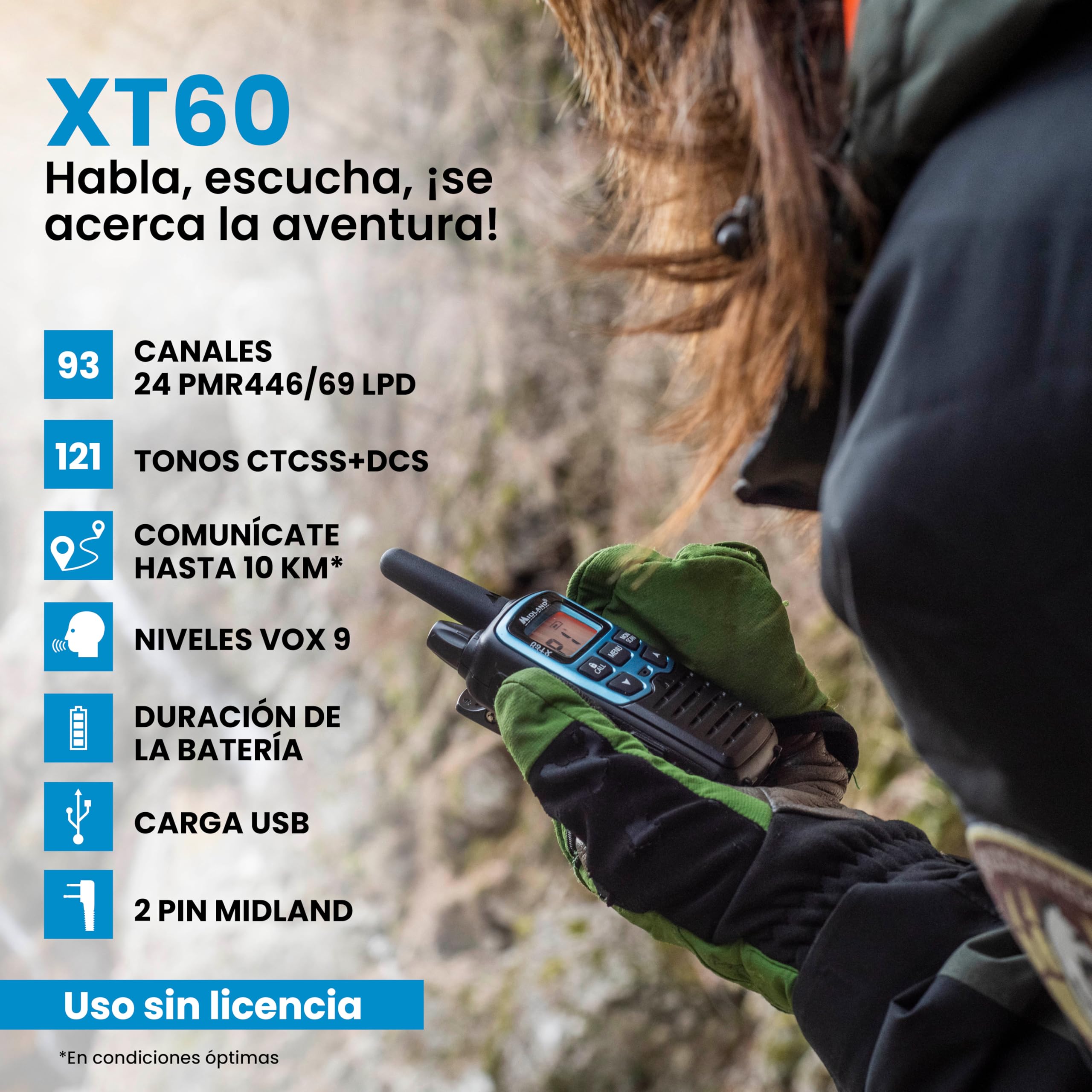 Midland XT60 Walkie Talkie Profesional Largo Alcance Dual Band | 93 Canales (69 LPD/24 PMR446), 38 CTCSS/83 DCS, 10Km Alcance, Carga Rápida, Autonomía 12H