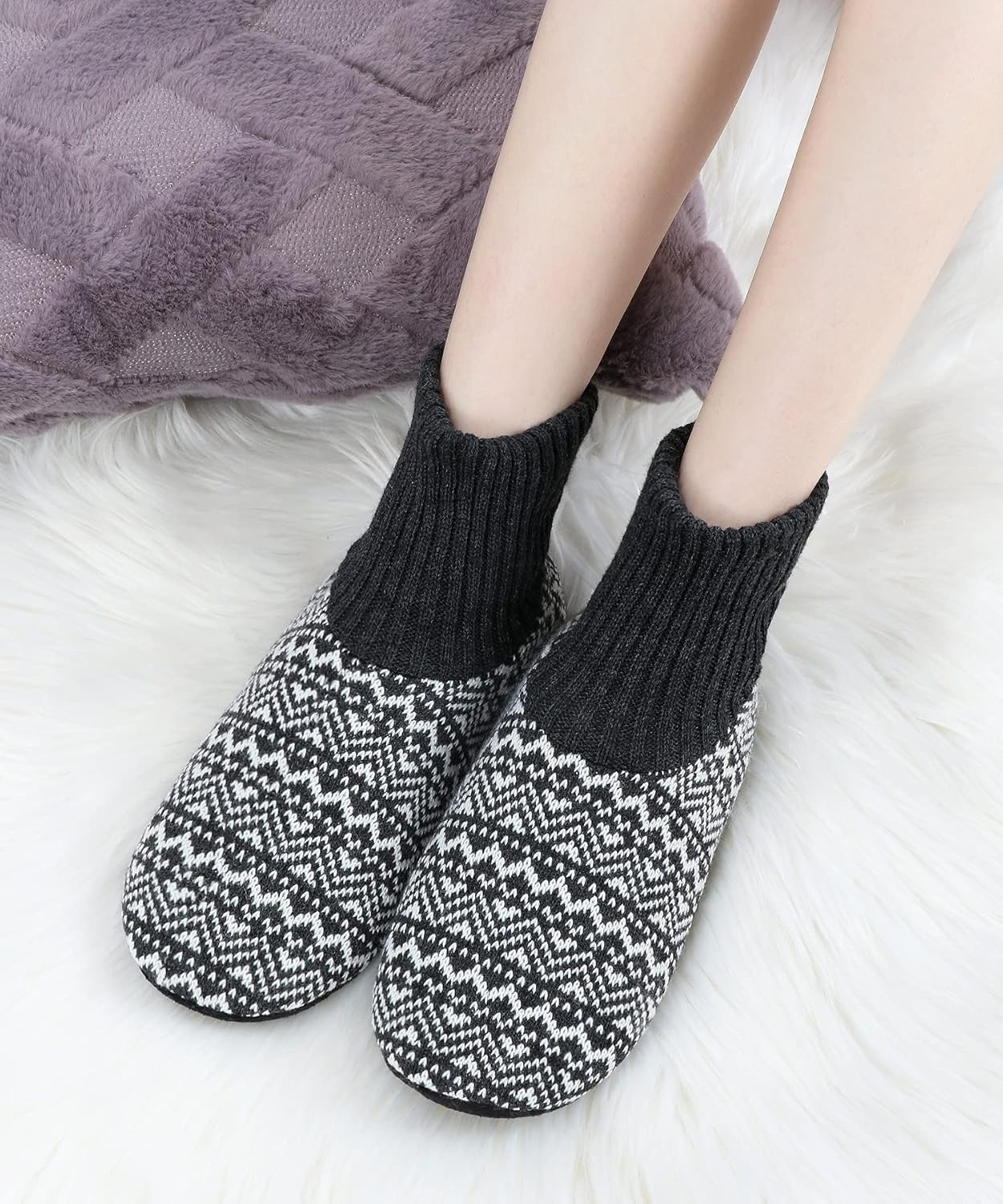 Panda Bros Slipper Socks for Women With Grippers, Fuzzy Womens Slipper Booties With Non Slip Bottoms, Cozy Warm House Slippers(Black Multi,10-13) - Image 2
