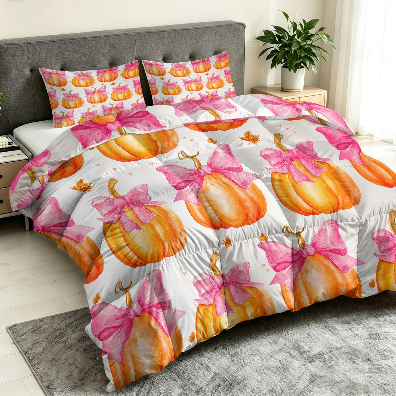 Piumino 4 stagioni, 200 x 200 cm, motivo Halloween, zucca, fiocco, foglia d'acero, caldo, senza rivestimento, anallergico e lavabile, con 2 federe da 80 x 80 cm
