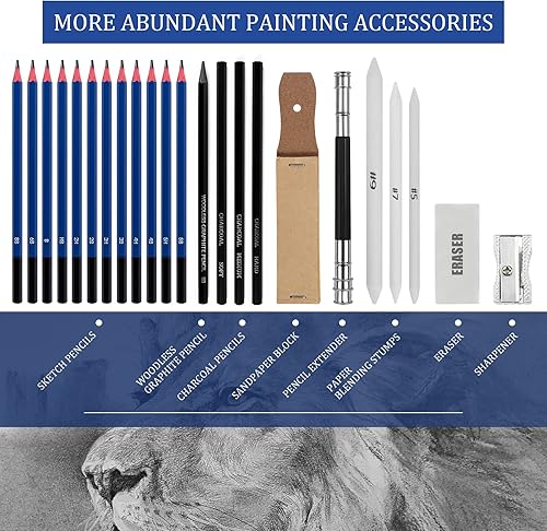 Miniatura 3 de Juego de 146 suministros de arte, kit de lápices de dibujo de colores, lápices de grafito con estuche práctico, suministros escolares ideales para