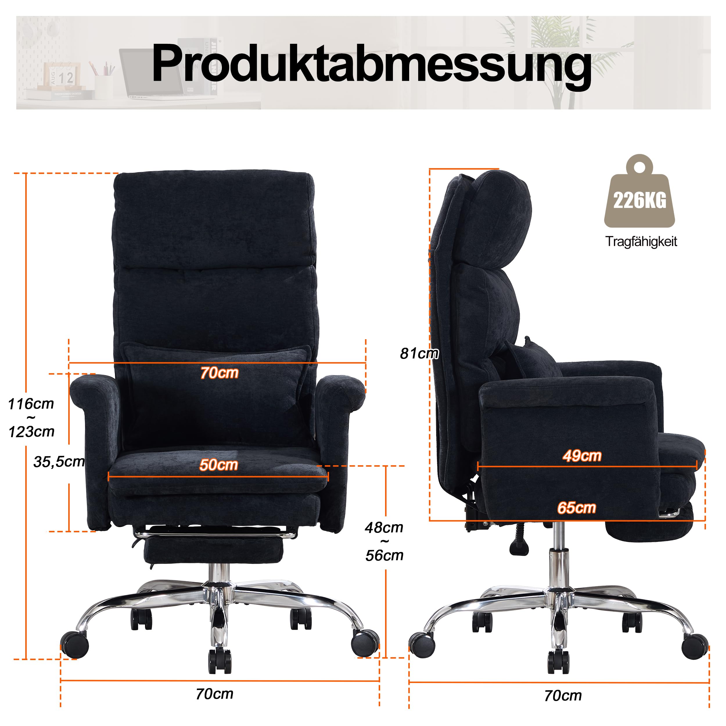 UEV Bürostuhl Ergonomisch mit Fußstütze bis 226kg,Drehstuhl schwarz | klappbare Armlehnen,Dicker Sitzpolsterung,Verstellbarer Kopfstütze,Schreibtischstuhl für schneidersitz,Computerstuhl