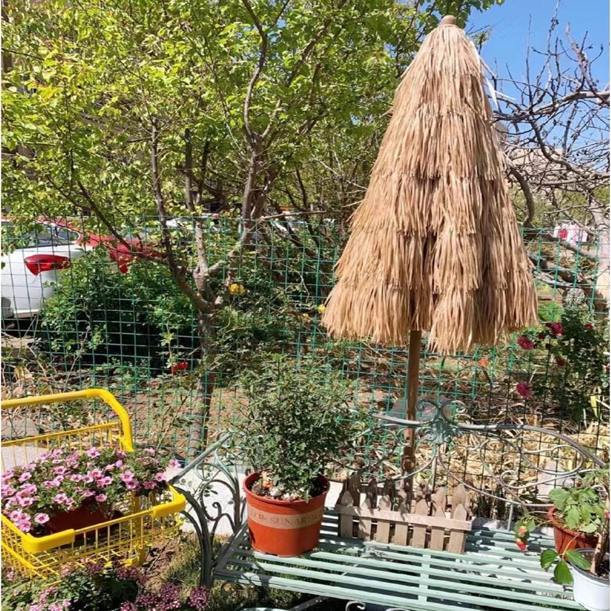 Duży parasol słomkowy na patio 2 m z mechanizmem przechylania, 8 solidnych żeber, wiatroszczelny, stabilny, na zewnątrz, tropikalny, hawajski, strzecha Tiki