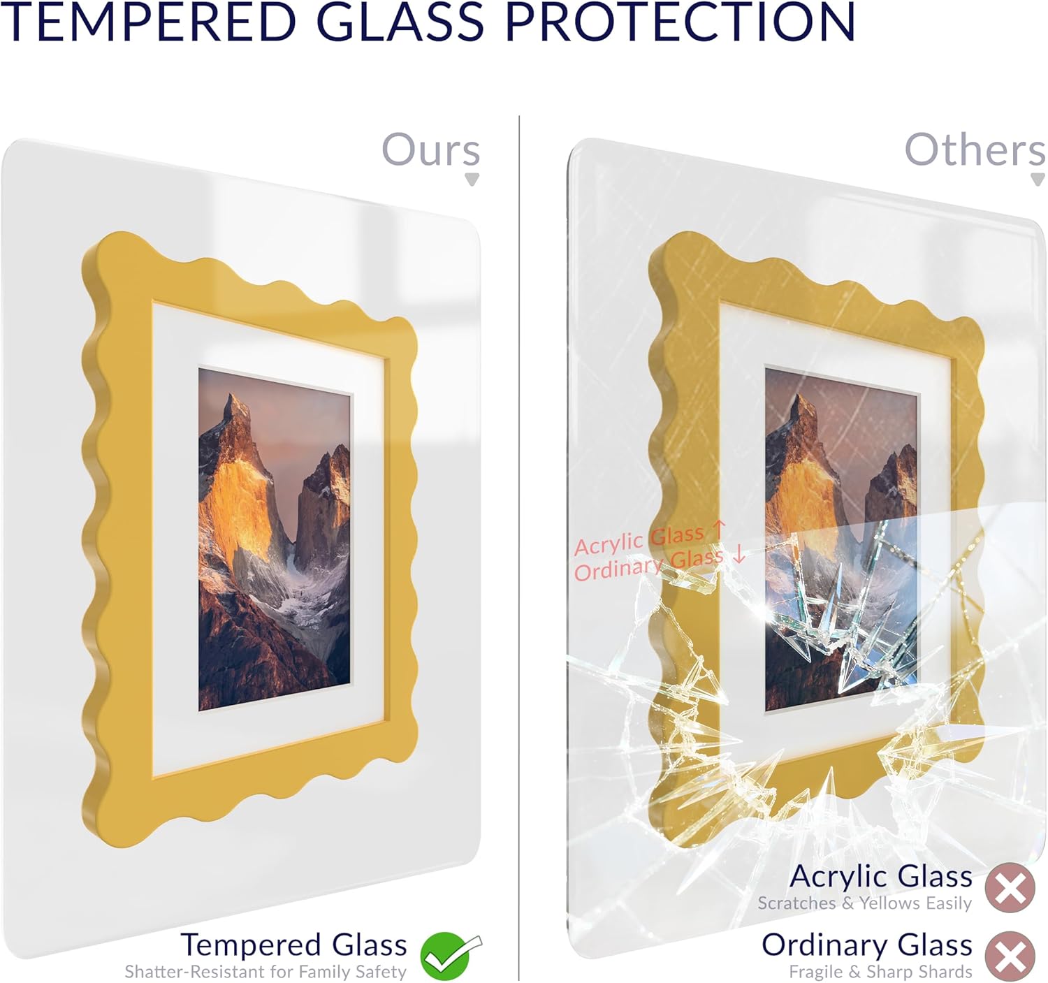 5x7 wavy picture frame with mat for 4x6, real glass and wooden? frame - tabletop or wall hanging photo frame(1 pack, yellow) yellow 5x7 in