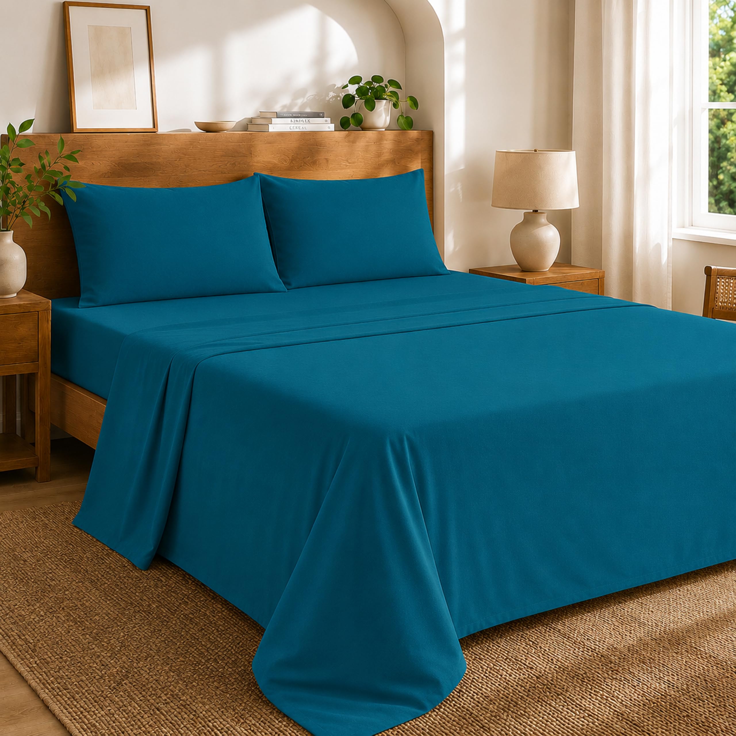 Egypto 100% Brushed Cotton Flat Sheet Super King – Soft & Cozy Flannelette Flat Sheets – Thermal Flat Bed Sheet with Anti-Allergy Properties (Teal, Super King)