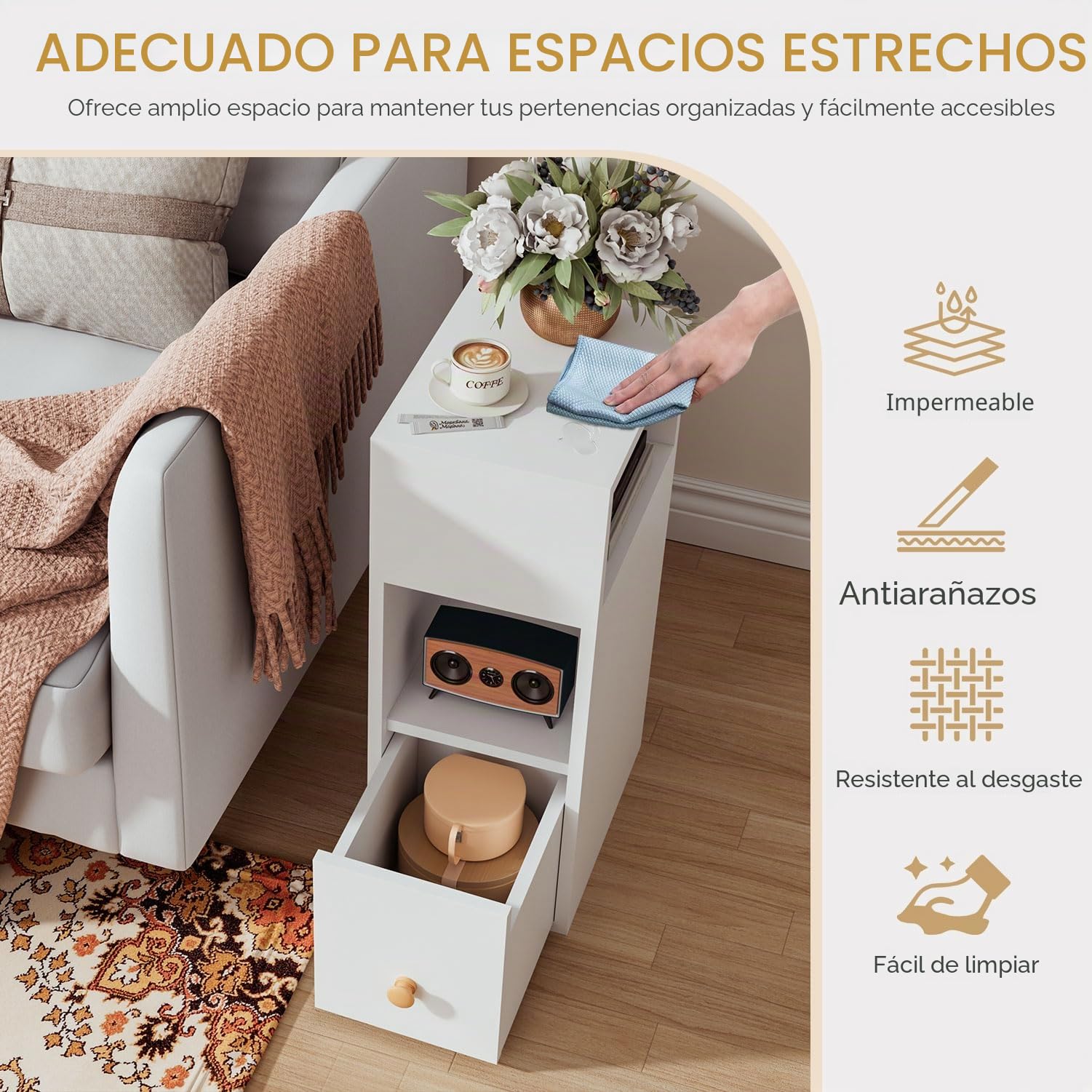 IBUYKE Juego de 2 Mesita de Noche Estrecha, Mesilla de Noche Pequeñas con 2 Compartimentos y 1 Cajón, 20x29x55 cm, Mesa Auxiliar para Dormitorio, Salón, Blanco WNS006W-2