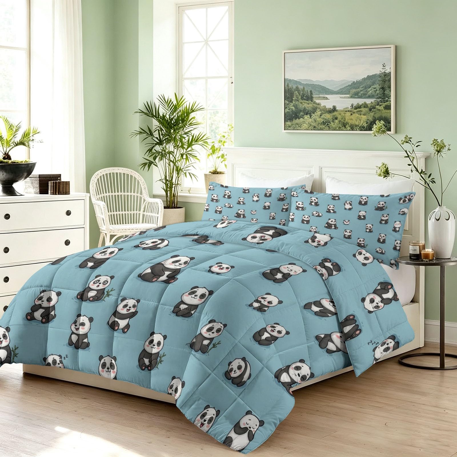 Bettdecke 155x220 cm 4 Jahreszeiten, Süßer Panda Warm Weiche Steppdecke mit 2 Kissenbezügen 80x80 cm, Blau Waschbare Cartoon Tiere Wende Ganzjahresdecke ohne Bezug für Kinderzimmer