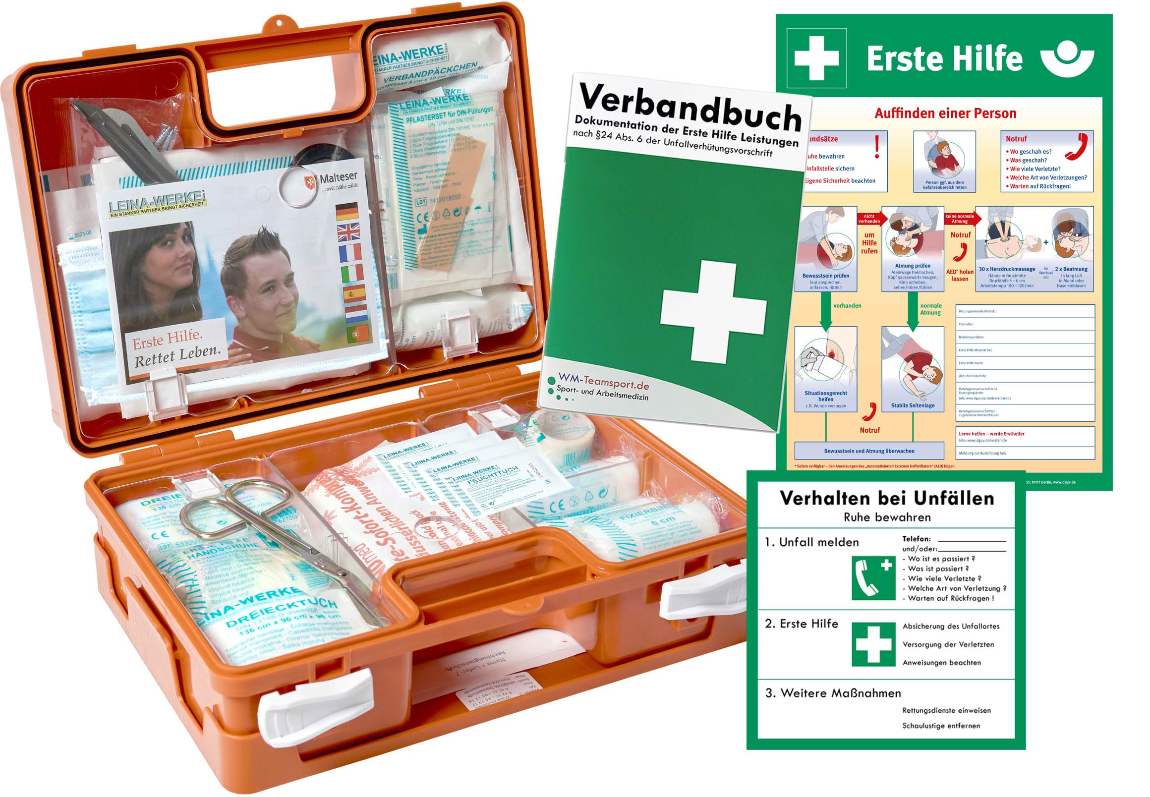 Erste-Hilfe-Koffer aktuelle DIN 13157 für Betriebe + Aushang/Aufkleber + Verbandbuch